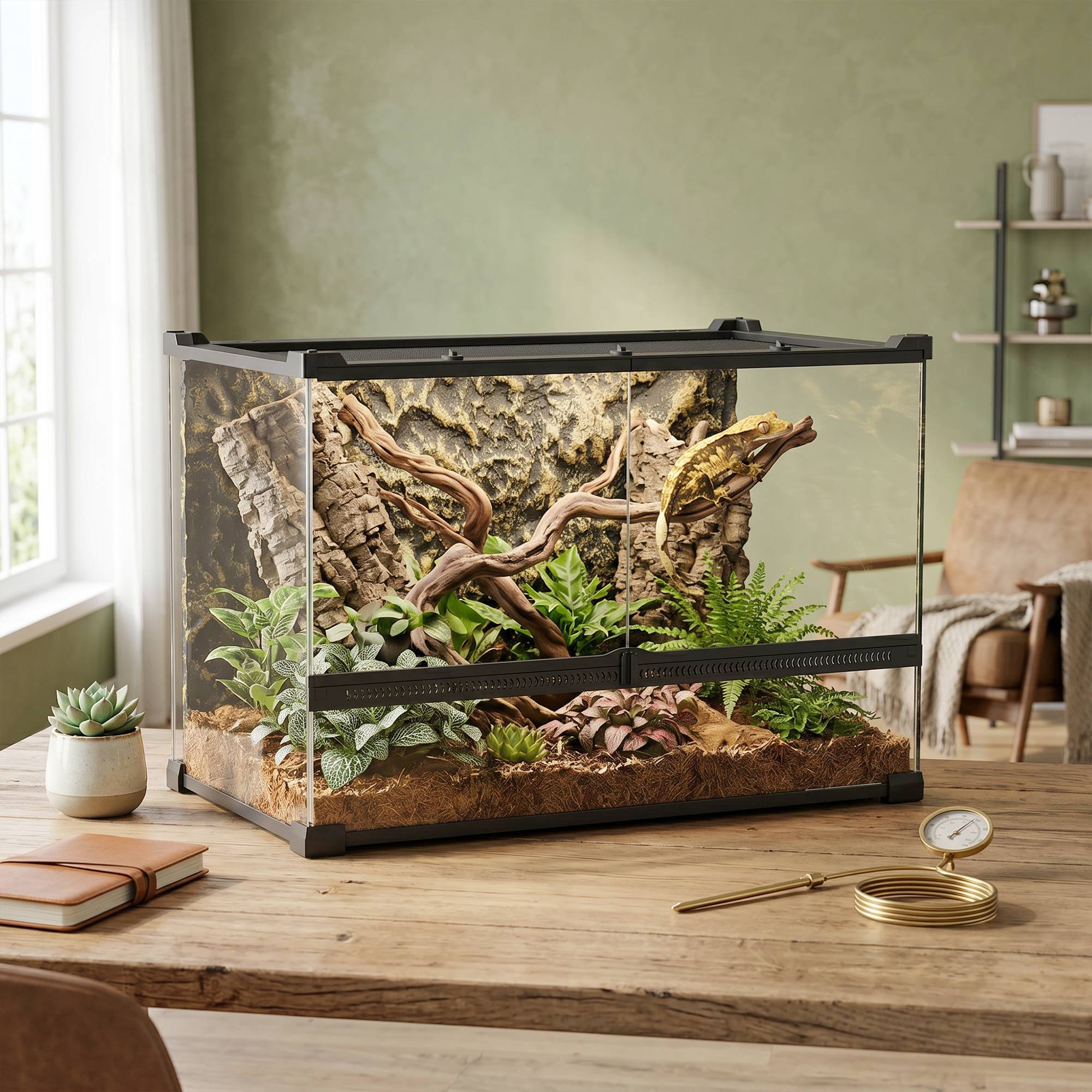 Terrarium pour reptiles en verre 48L avec ventilation frontale, fond pierre, fermeture rotative, 50x30x35 cm, noir - Image 4