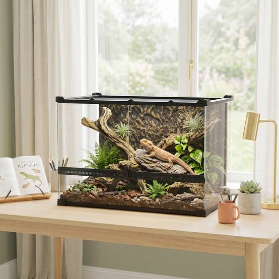 Terrarium pour reptiles en verre 48L avec ventilation frontale, fond pierre, fermeture rotative, 50x30x35 cm, noir - Image 3