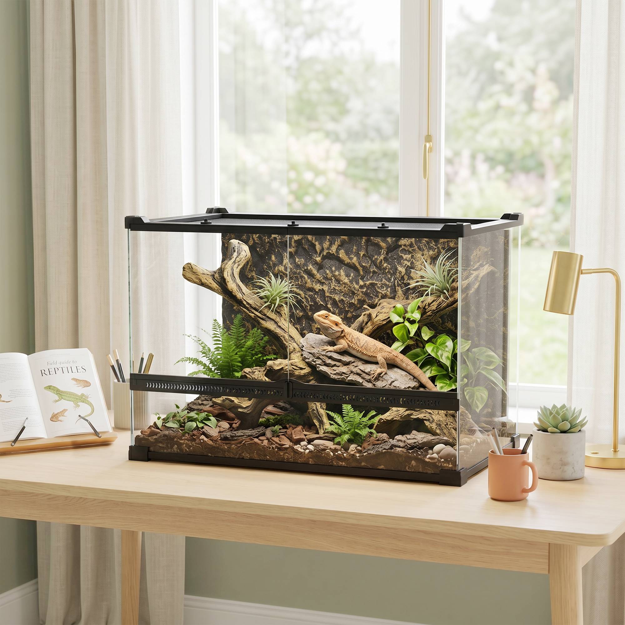 Terrarium pour reptiles en verre 48L avec ventilation frontale, fond pierre, fermeture rotative, 50x30x35 cm, noir - Image 3