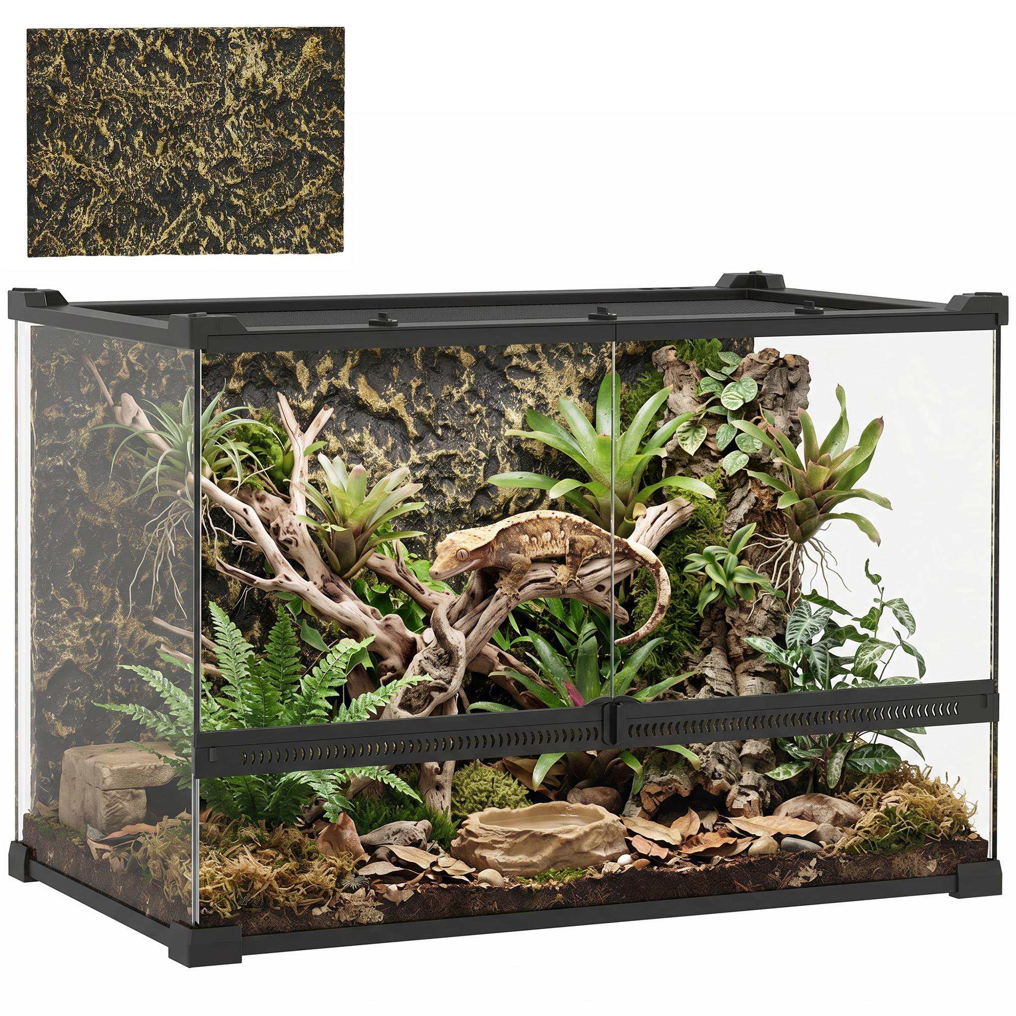 Terrarium pour reptiles en verre 48L avec ventilation frontale, fond pierre, fermeture rotative, 50x30x35 cm, noir - Image 1