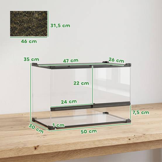 Terrarium pour reptiles en verre 48L avec ventilation frontale, fond pierre, fermeture rotative, 50x30x35 cm, noir - Image 5
