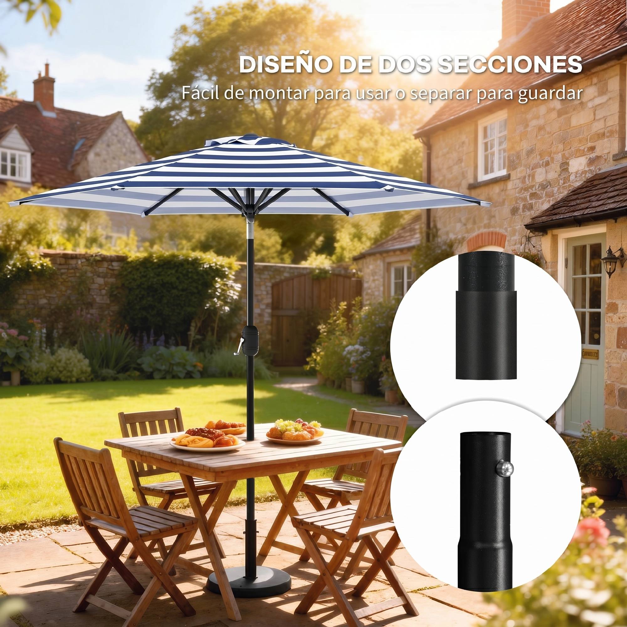 Parasol jardin Ø230x216 cm, ouverture manuelle, angle ajustable, impermeable, terrasse piscine, bleu blanc - Image 9