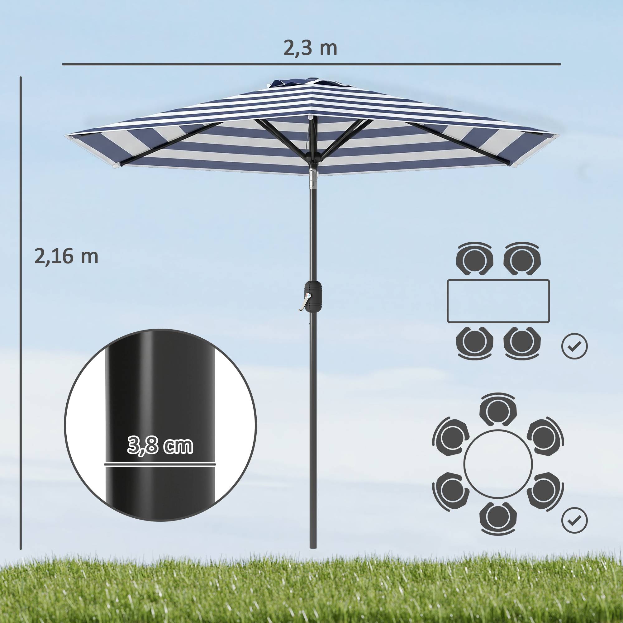 Parasol jardin Ø230x216 cm, ouverture manuelle, angle ajustable, impermeable, terrasse piscine, bleu blanc - Image 5