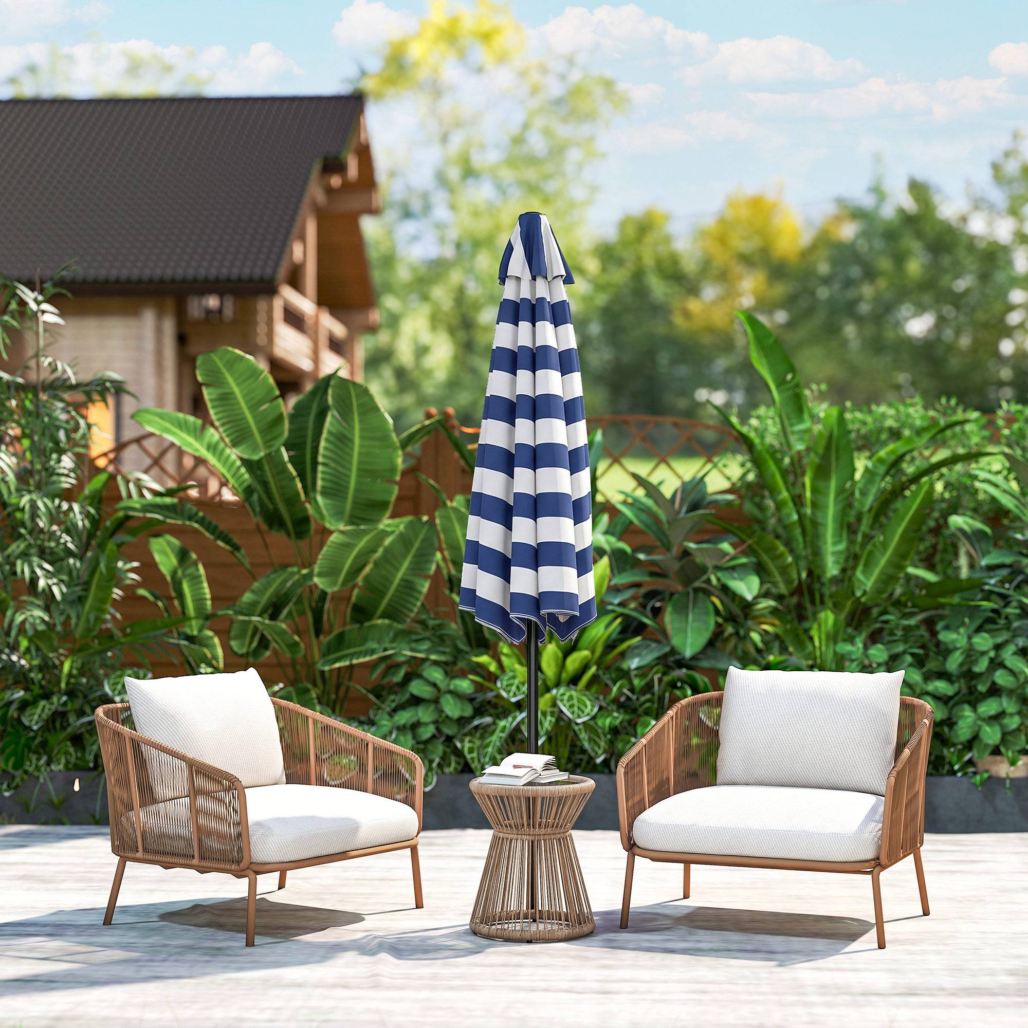 Parasol jardin Ø230x216 cm, ouverture manuelle, angle ajustable, impermeable, terrasse piscine, bleu blanc - Image 10