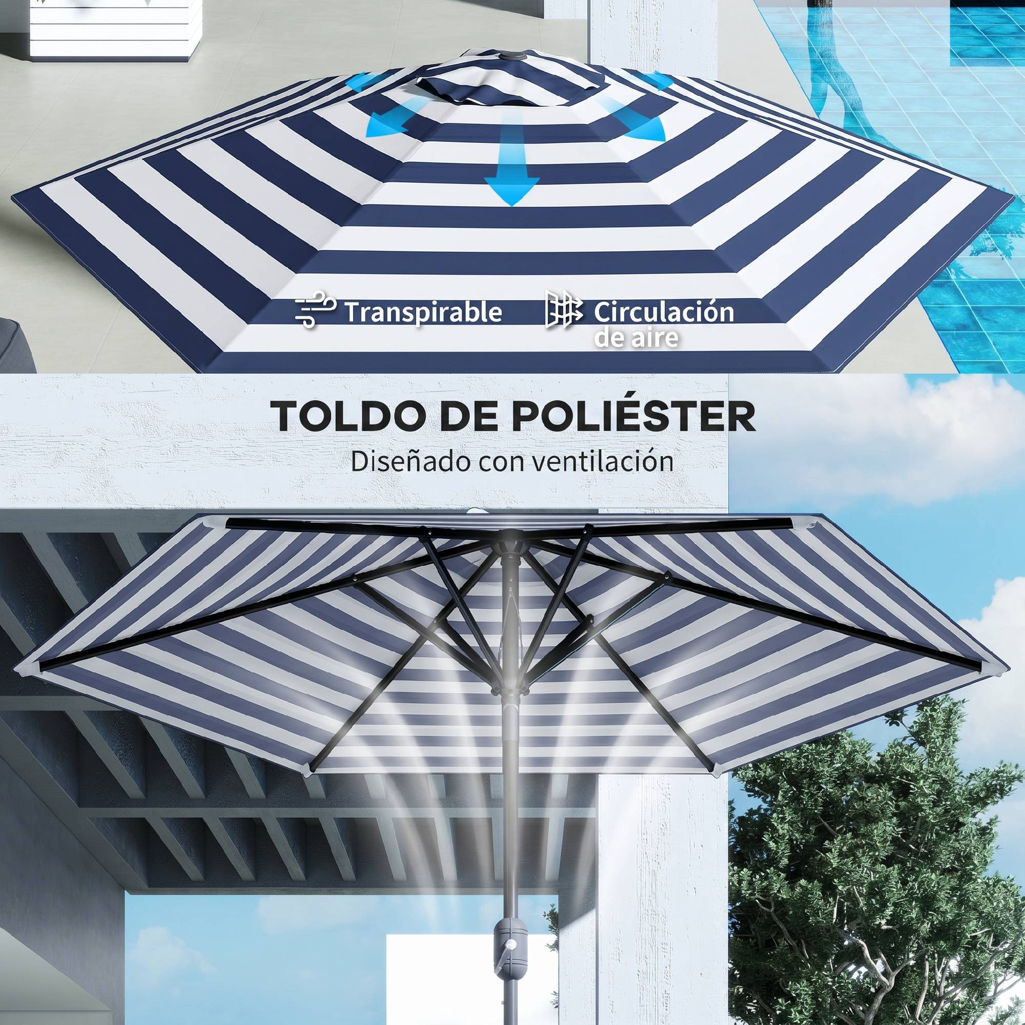 Parasol jardin Ø230x216 cm, ouverture manuelle, angle ajustable, impermeable, terrasse piscine, bleu blanc - Image 8