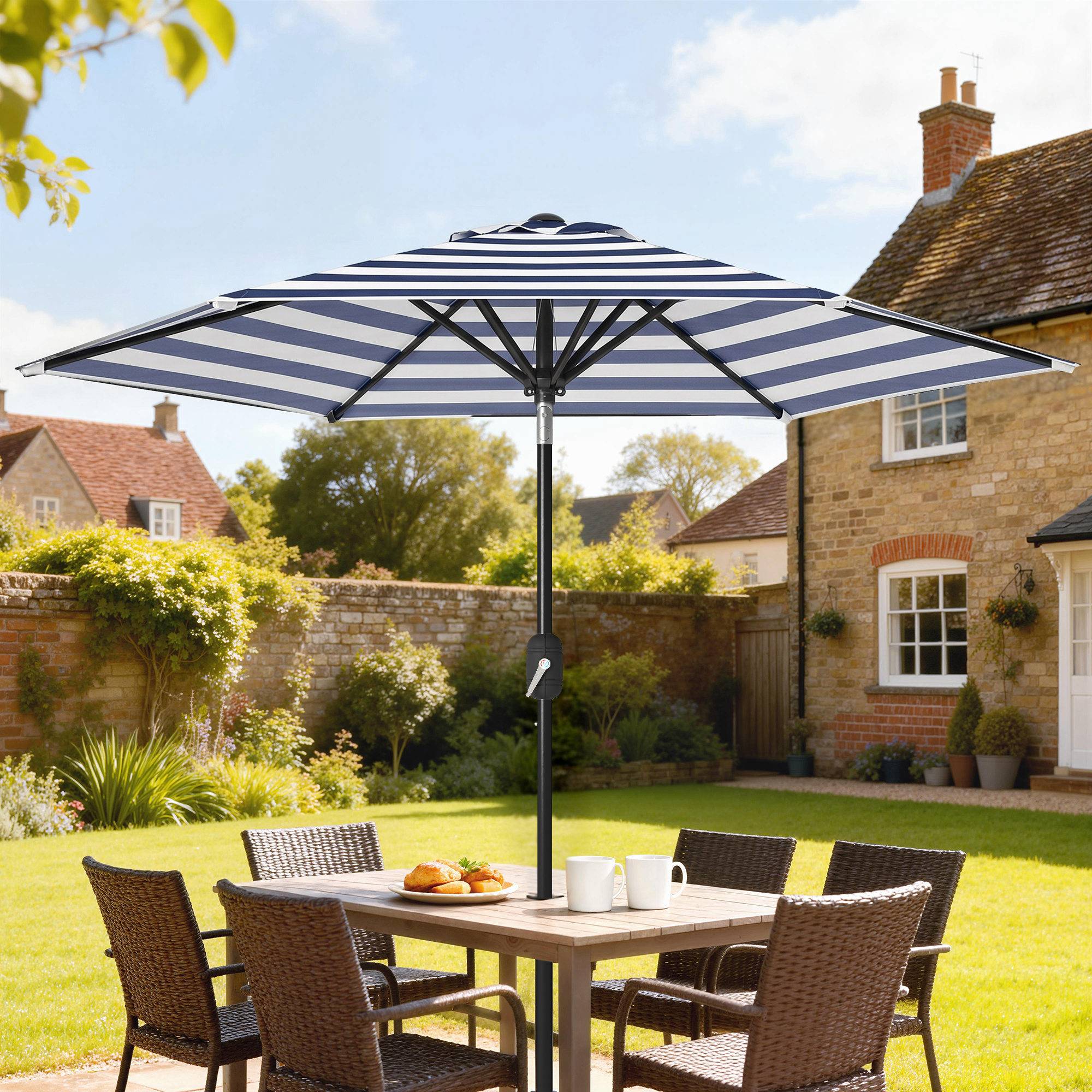 Parasol jardin Ø230x216 cm, ouverture manuelle, angle ajustable, impermeable, terrasse piscine, bleu blanc - Image 3