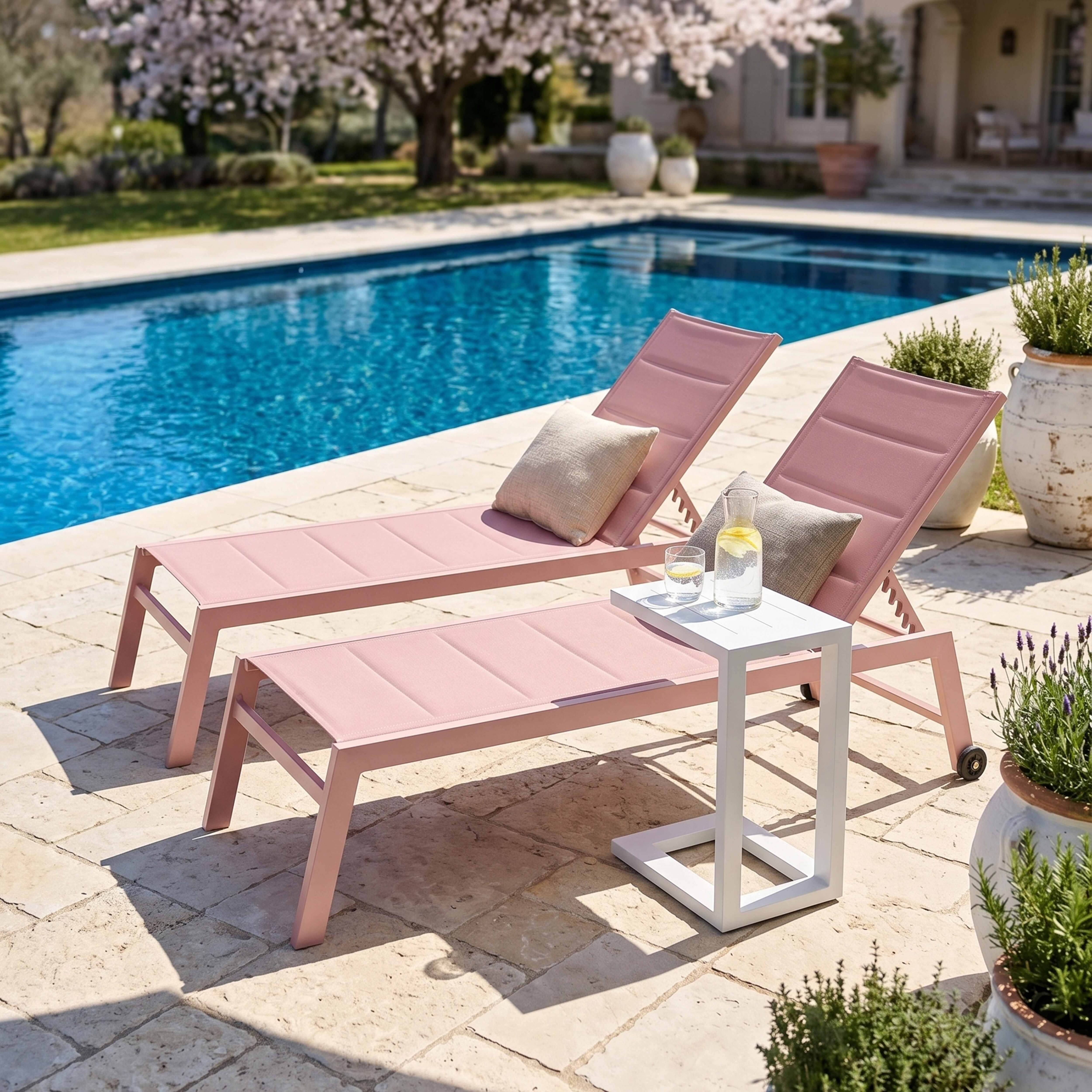 Oviala - Lot de 2 bains de soleil en aluminium et textilène rose poudré Nouméa - Oviala - Image 2