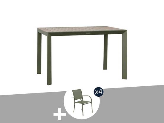 Hesperide - Table de jardin rectangulaire alu Evasion 4 places effet bois Lin et laurier + 4 fauteuils Piazza - Hespéride