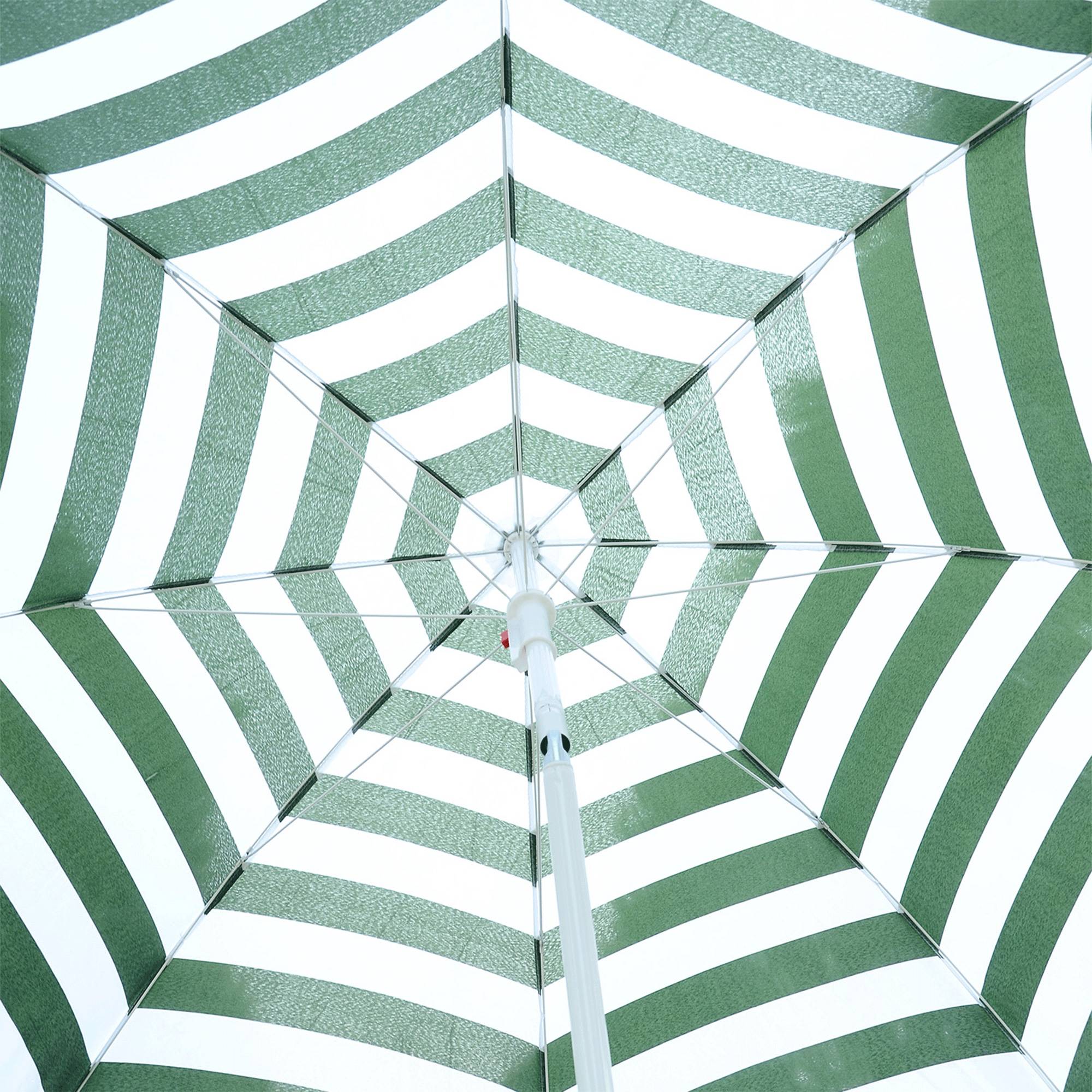 Parasol plage Ø180 cm, toit inclinable, mat metal, protection solaire, jardin terrasse, rayures vert blanc - Image 9