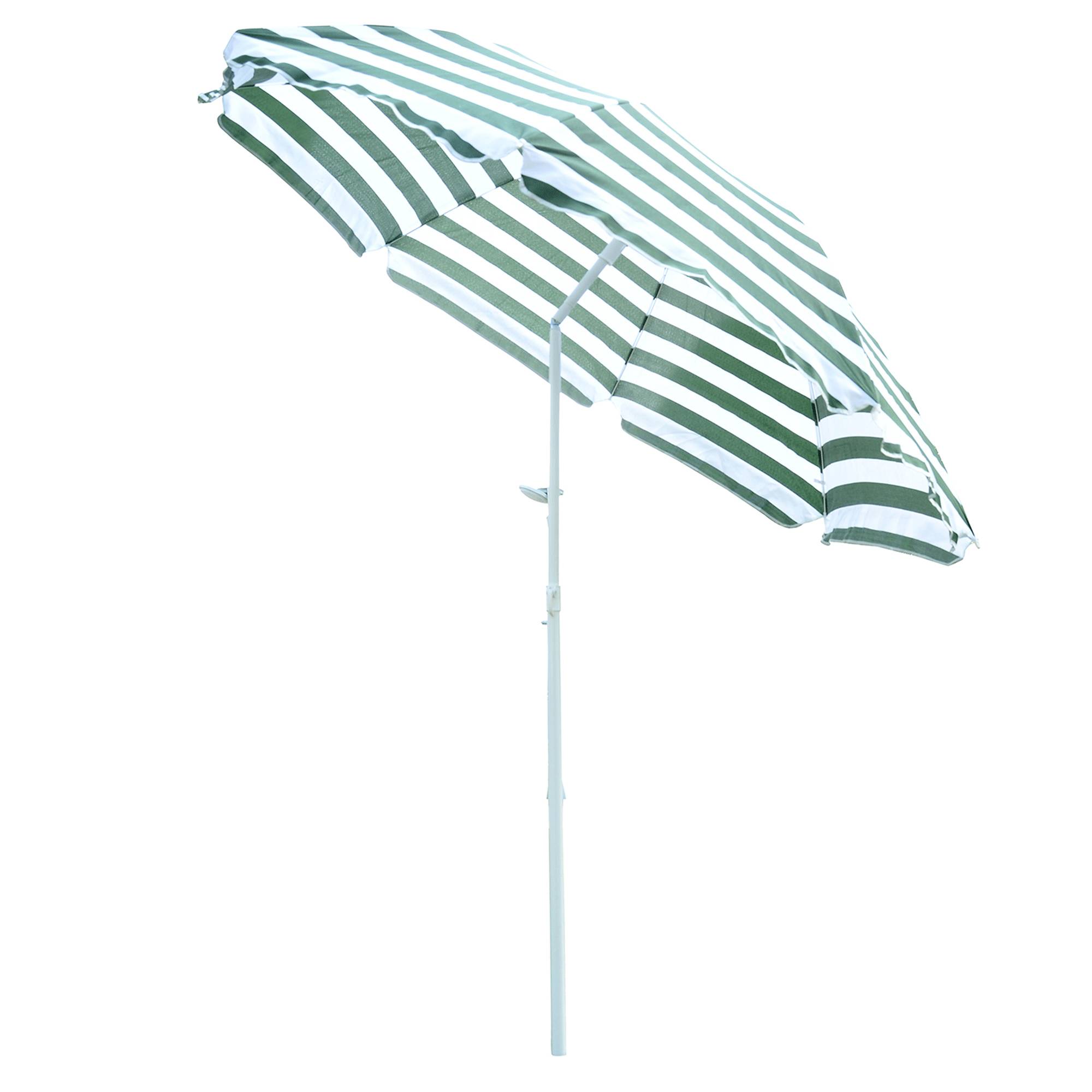 Parasol plage Ø180 cm, toit inclinable, mat metal, protection solaire, jardin terrasse, rayures vert blanc - Image 1