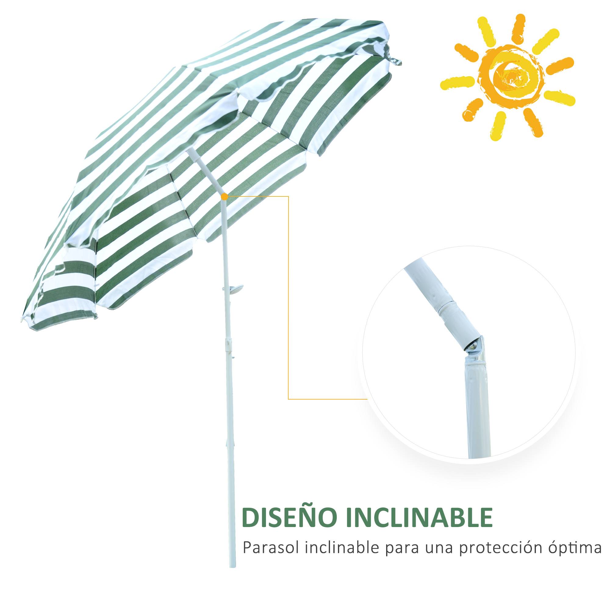Parasol plage Ø180 cm, toit inclinable, mat metal, protection solaire, jardin terrasse, rayures vert blanc - Image 7