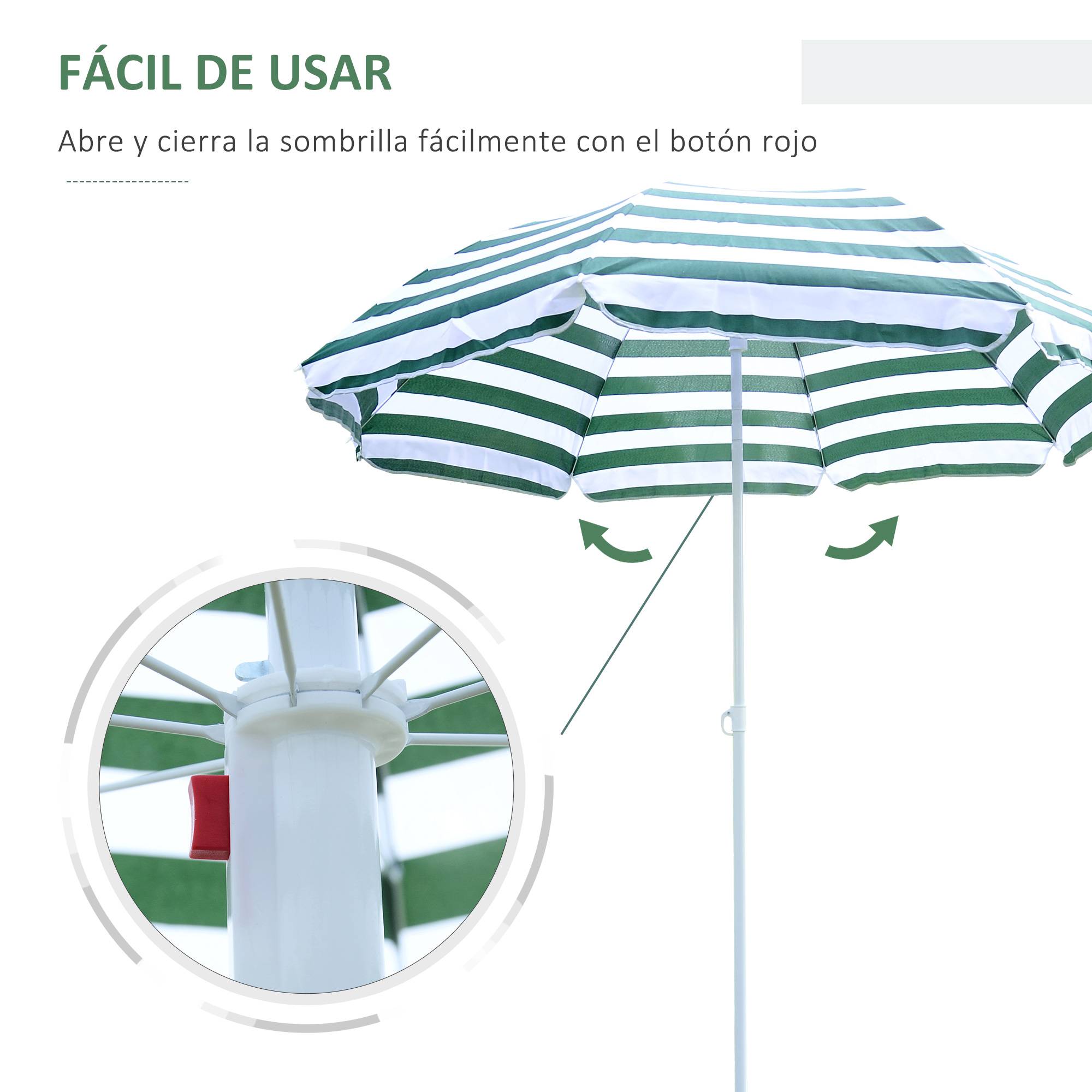 Parasol plage Ø180 cm, toit inclinable, mat metal, protection solaire, jardin terrasse, rayures vert blanc - Image 6