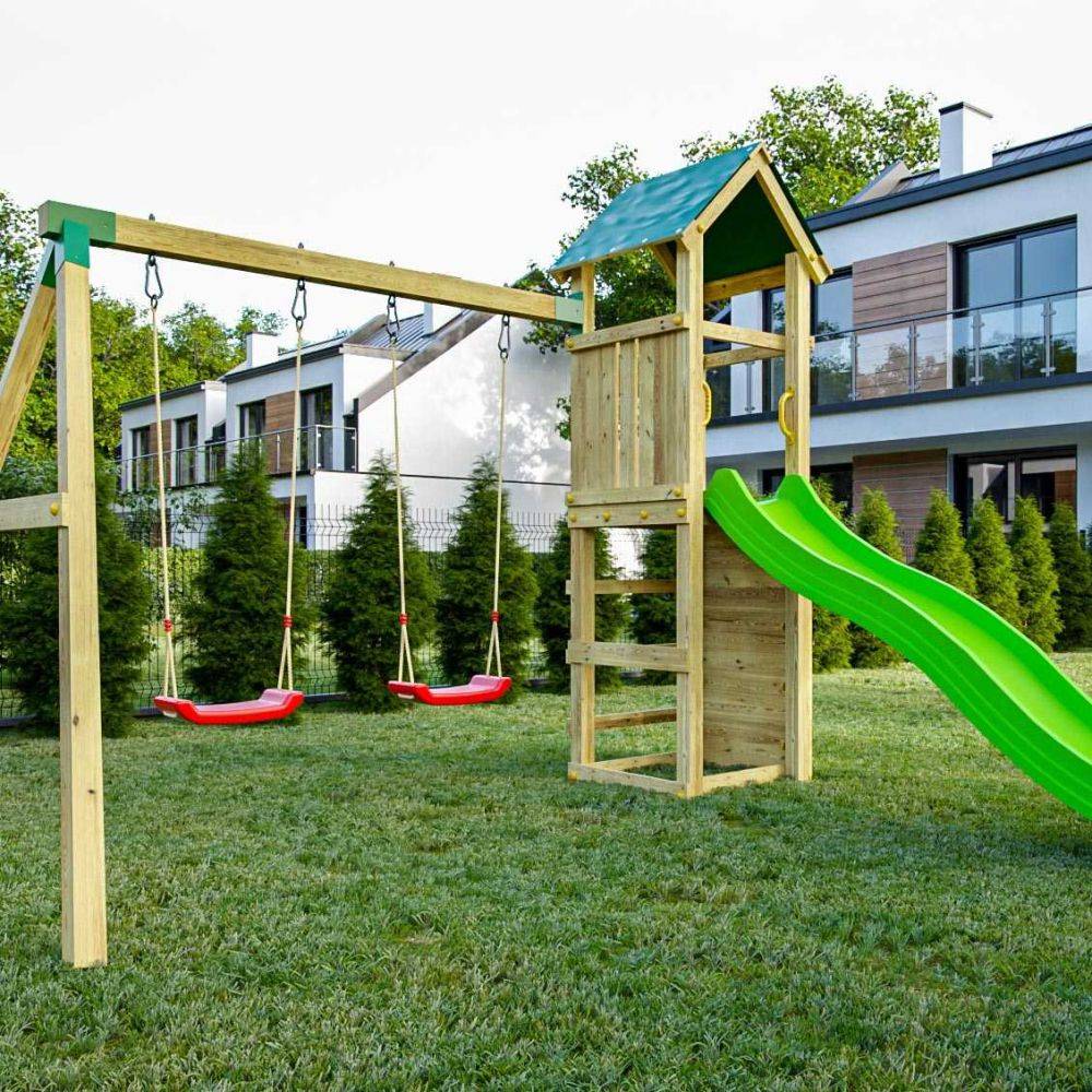 Fungoo - Structure de jeux en bois avec toboggan et balançoire double Charly - Image 2
