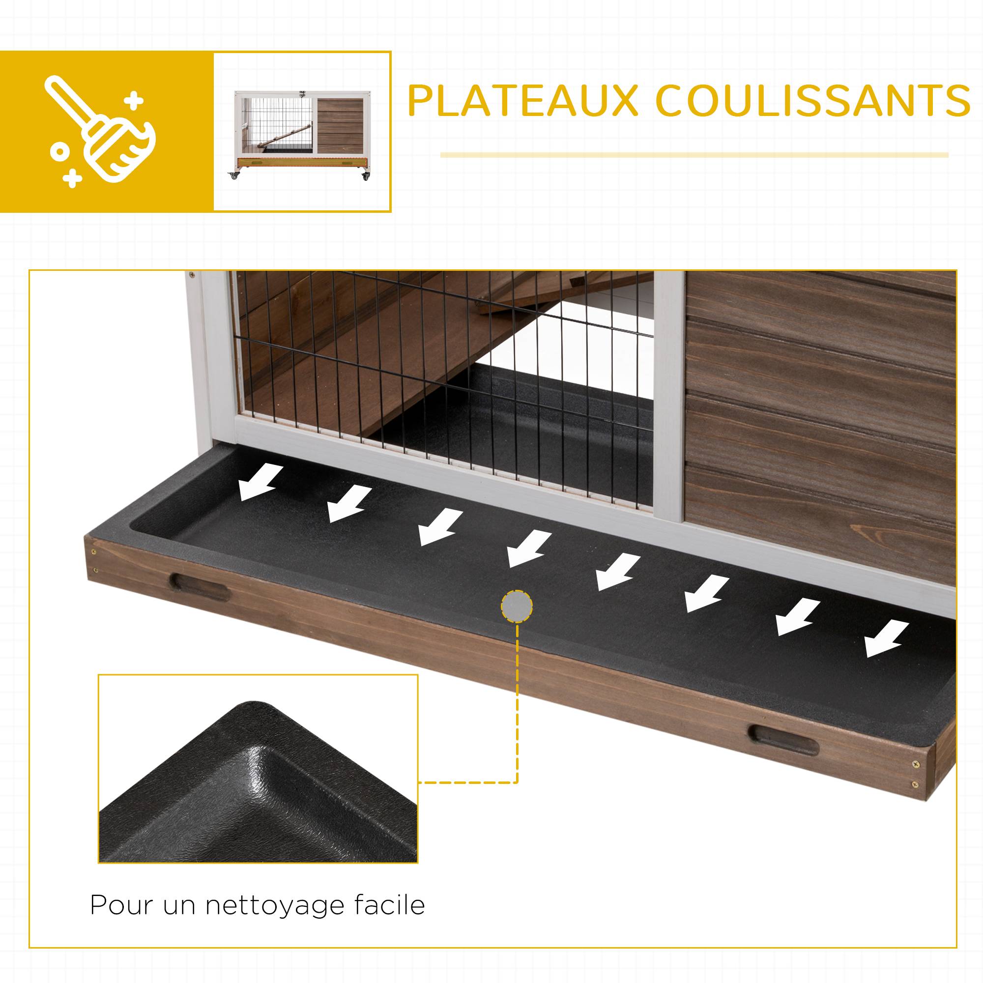 Cage lapin bois massif intérieur 2 étages sur roulettes 90x53x59cm marron - ComfortXL Outdoor Living - Image 8