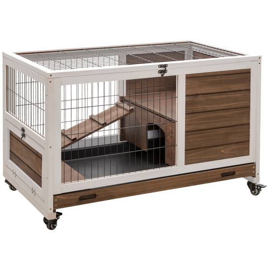Cage lapin bois massif intérieur 2 étages sur roulettes 90x53x59cm marron - ComfortXL Outdoor Living - Image 1