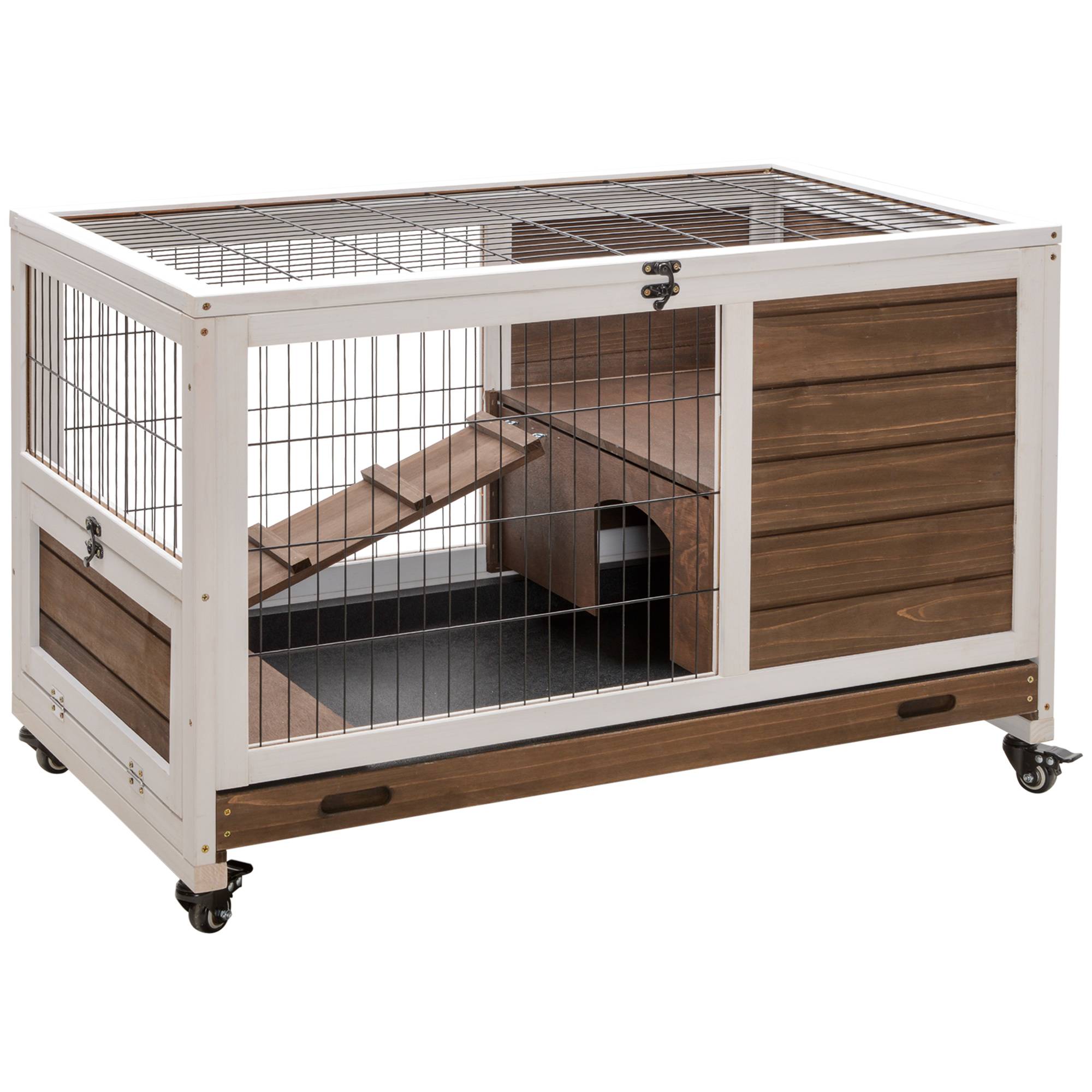 Cage lapin bois massif intérieur 2 étages sur roulettes 90x53x59cm marron - ComfortXL Outdoor Living