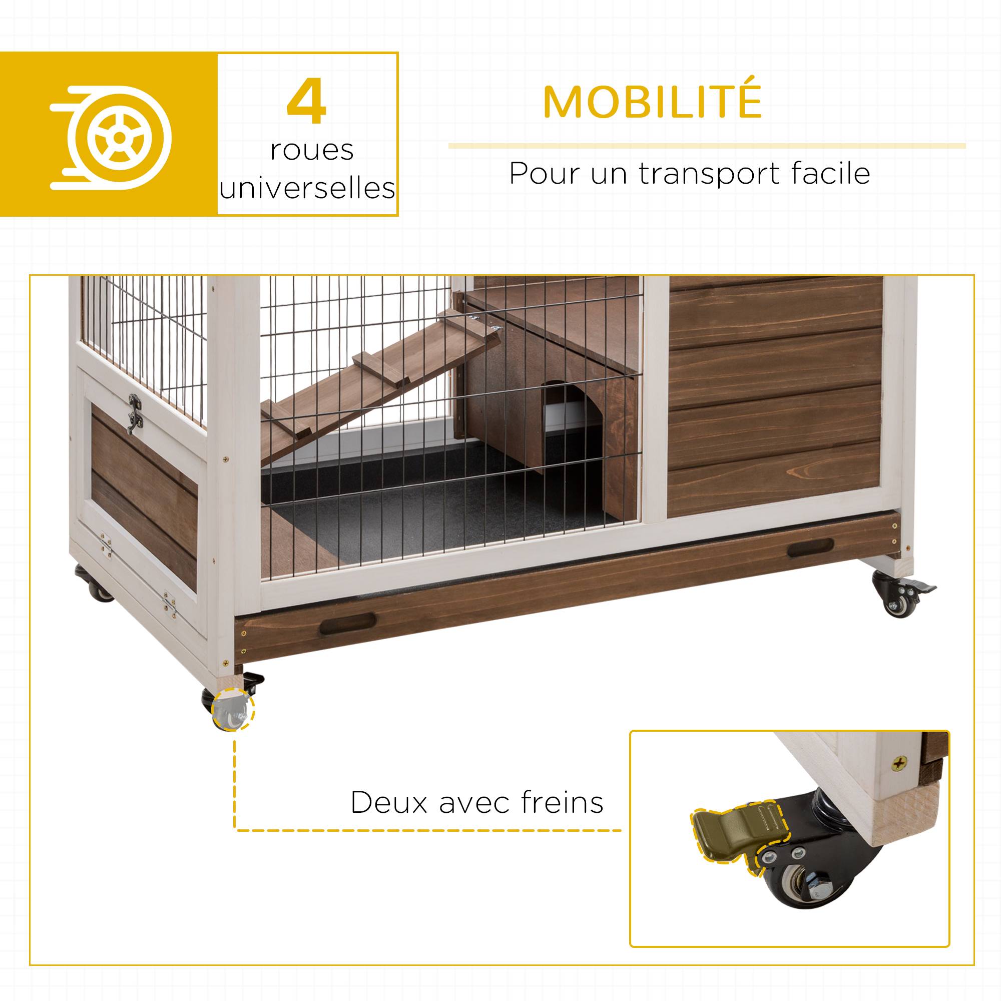 Cage lapin bois massif intérieur 2 étages sur roulettes 90x53x59cm marron - ComfortXL Outdoor Living - Image 9