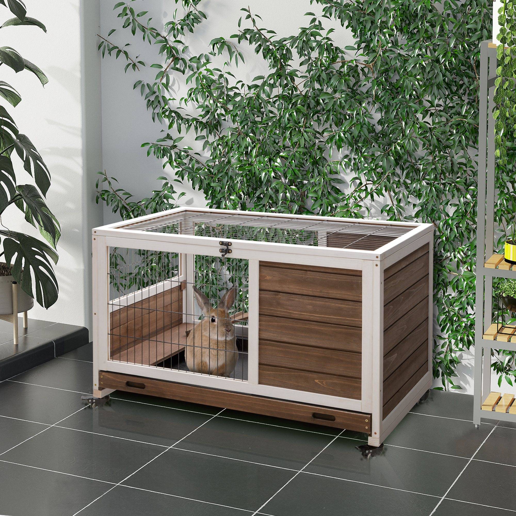 Cage lapin bois massif intérieur 2 étages sur roulettes 90x53x59cm marron - ComfortXL Outdoor Living - Image 3