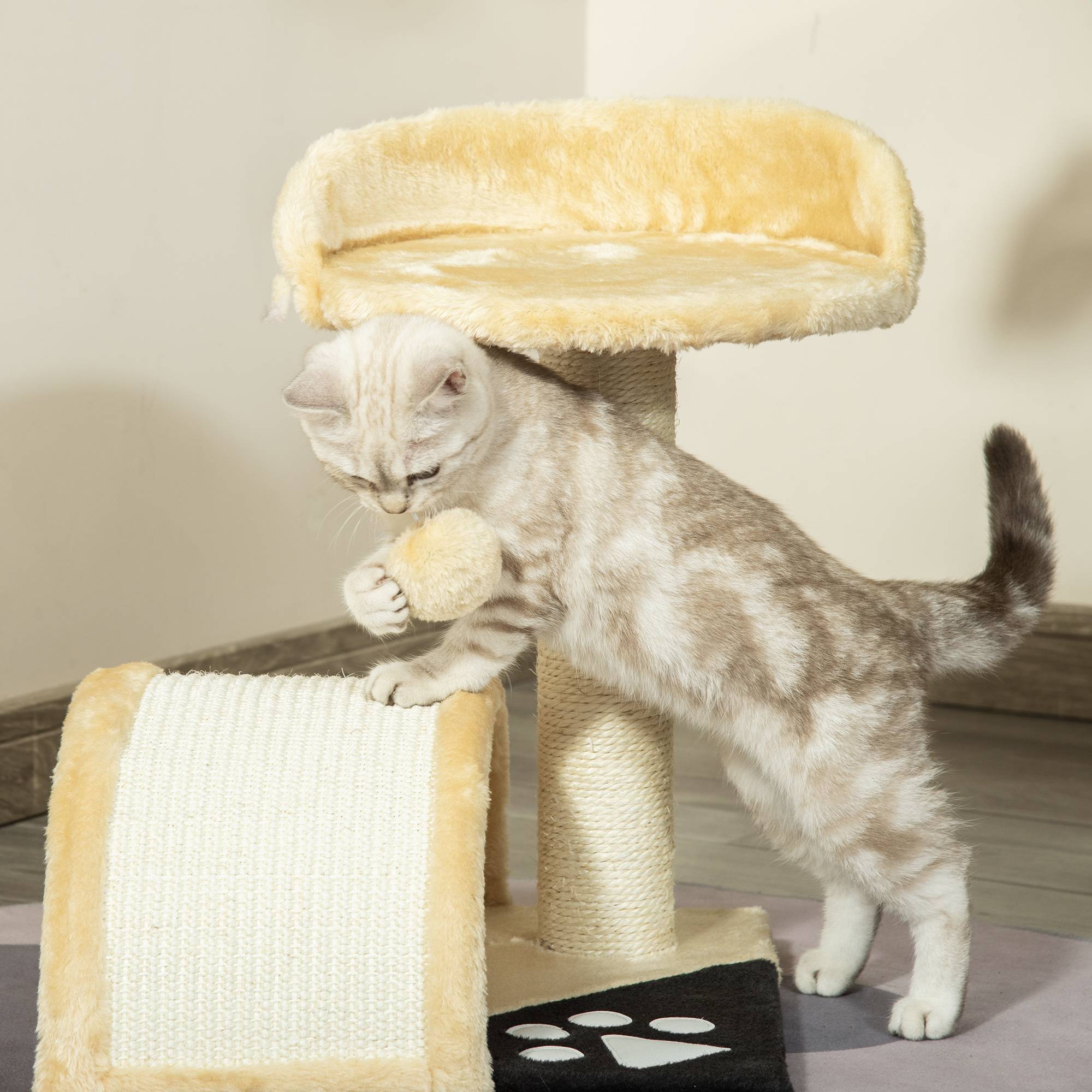 Pawhut - Arbre à chat griffoir grattoir design jeu boule suspendue + plateforme peluche sisal naturel beige - Imagen 8