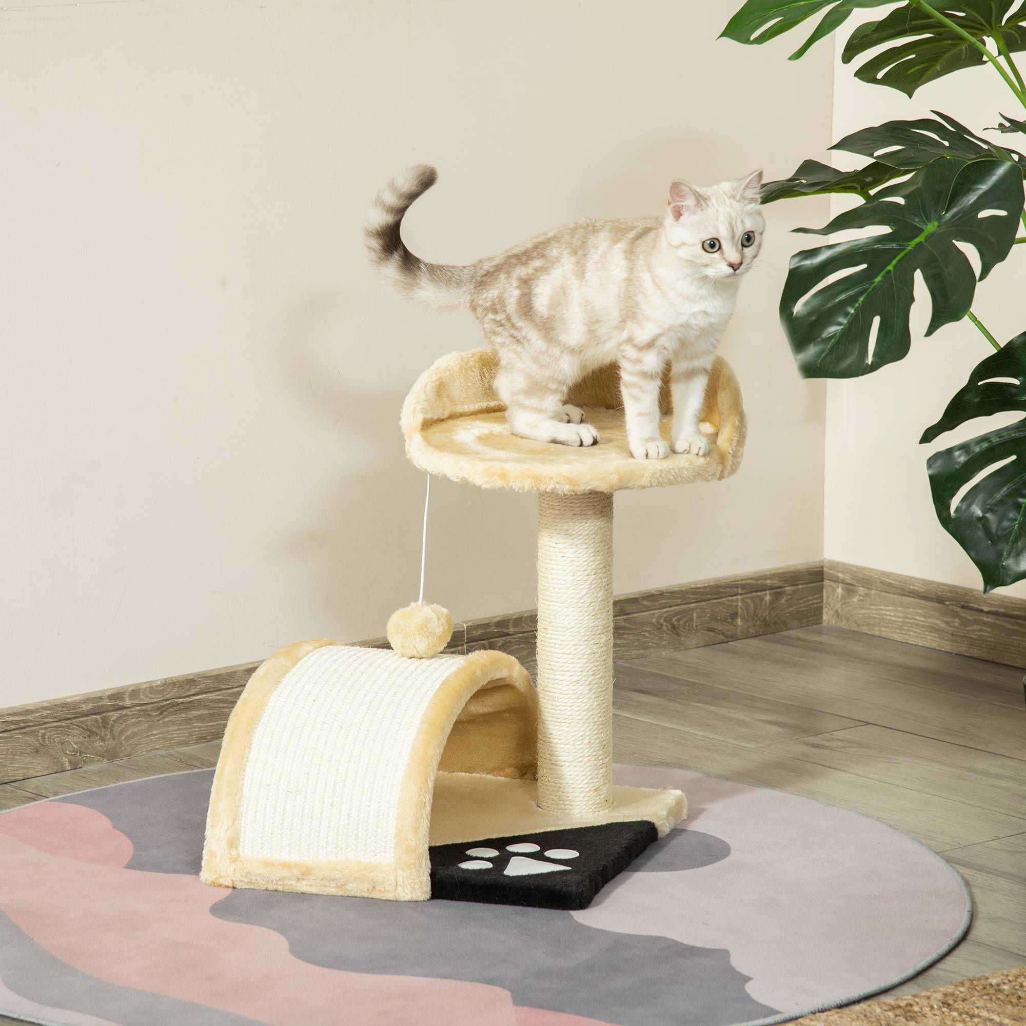 Pawhut - Arbre à chat griffoir grattoir design jeu boule suspendue + plateforme peluche sisal naturel beige - Imagen 2