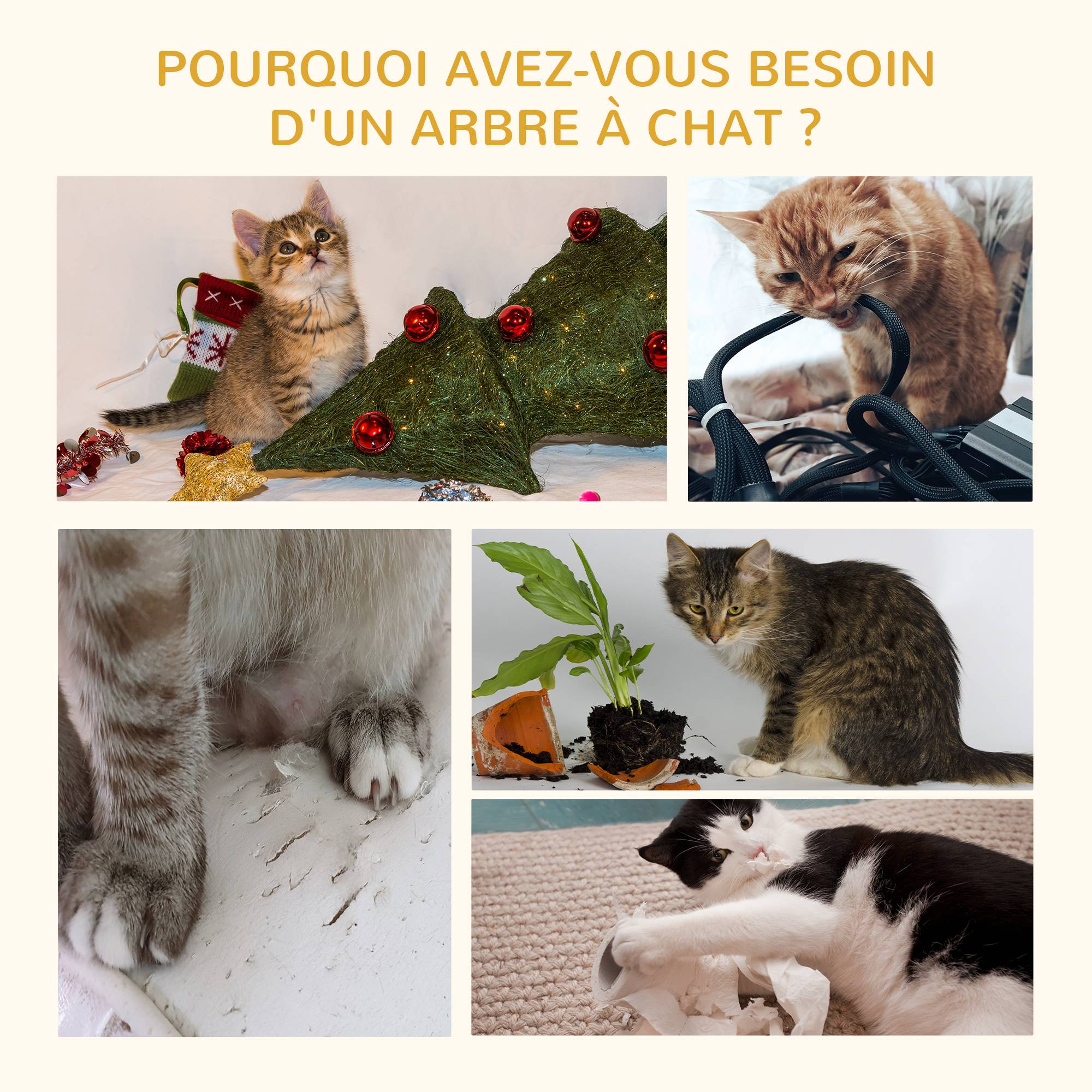Pawhut - Arbre à chat griffoir grattoir design jeu boule suspendue + plateforme peluche sisal naturel beige - Imagen 7