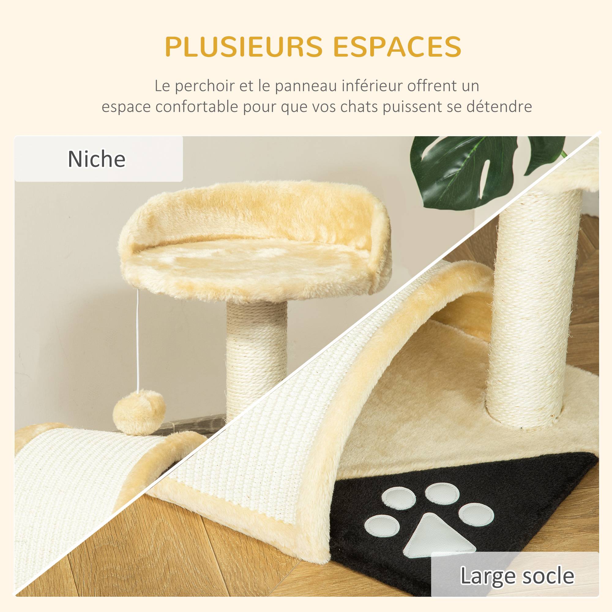 Pawhut - Arbre à chat griffoir grattoir design jeu boule suspendue + plateforme peluche sisal naturel beige - Imagen 6