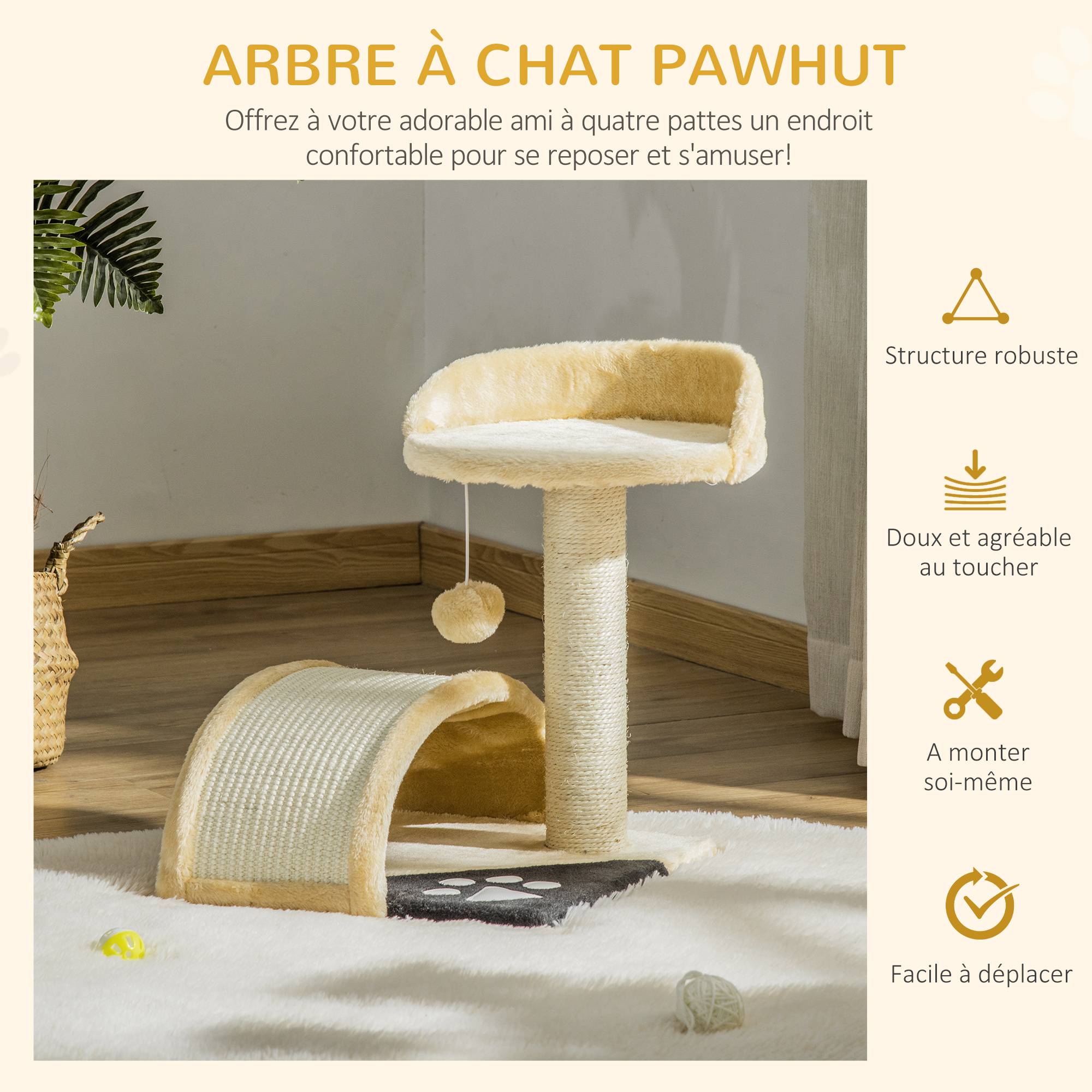 Pawhut - Arbre à chat griffoir grattoir design jeu boule suspendue + plateforme peluche sisal naturel beige - Imagen 4