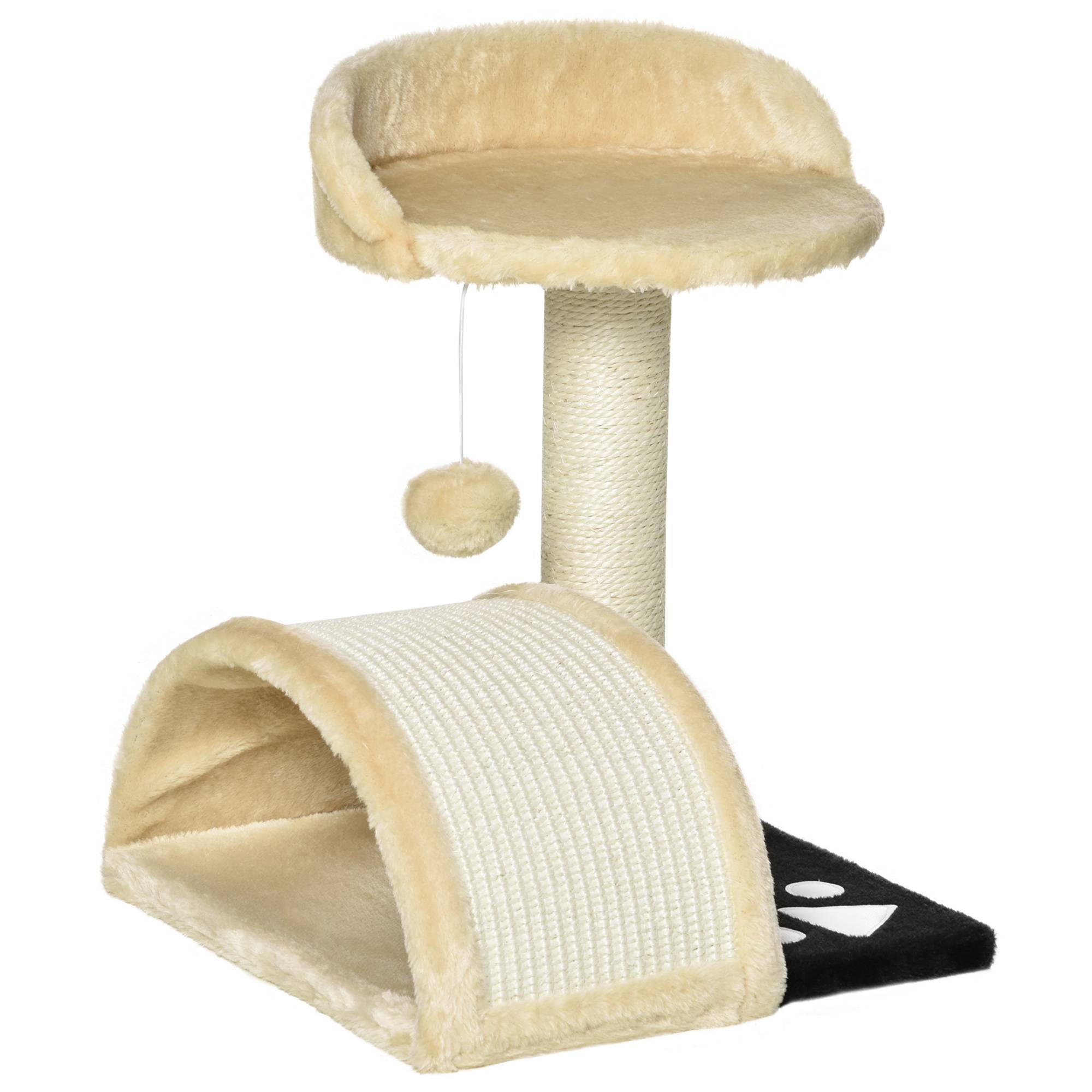 Pawhut - Arbre à chat griffoir grattoir design jeu boule suspendue + plateforme peluche sisal naturel beige - Imagen 1