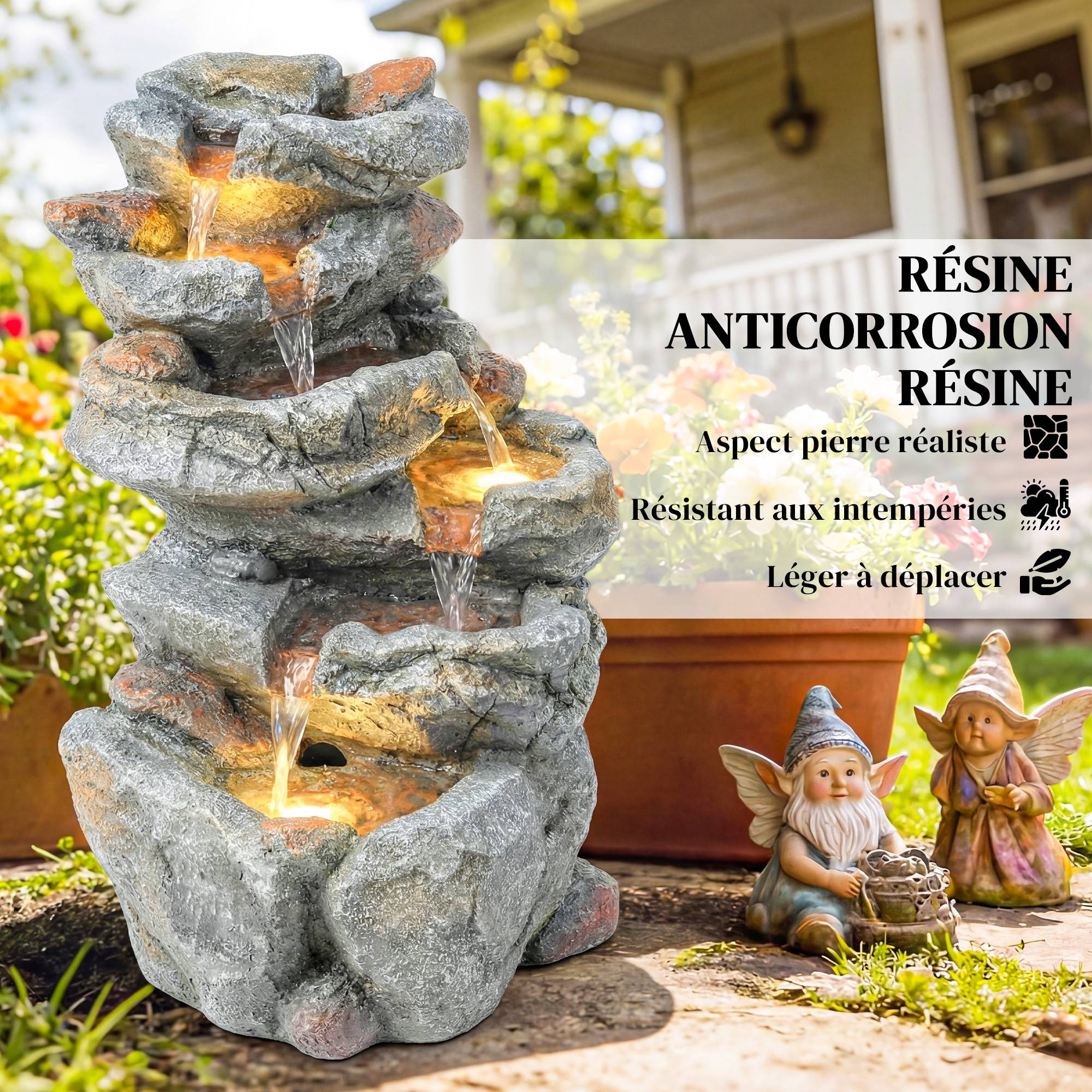 Fontaine de Jardin Cascade 6 Niveaux Décoration de Jardin Zen Résine Pierre Naturelle 33 x 27 x 53 cm Gris - Image 10