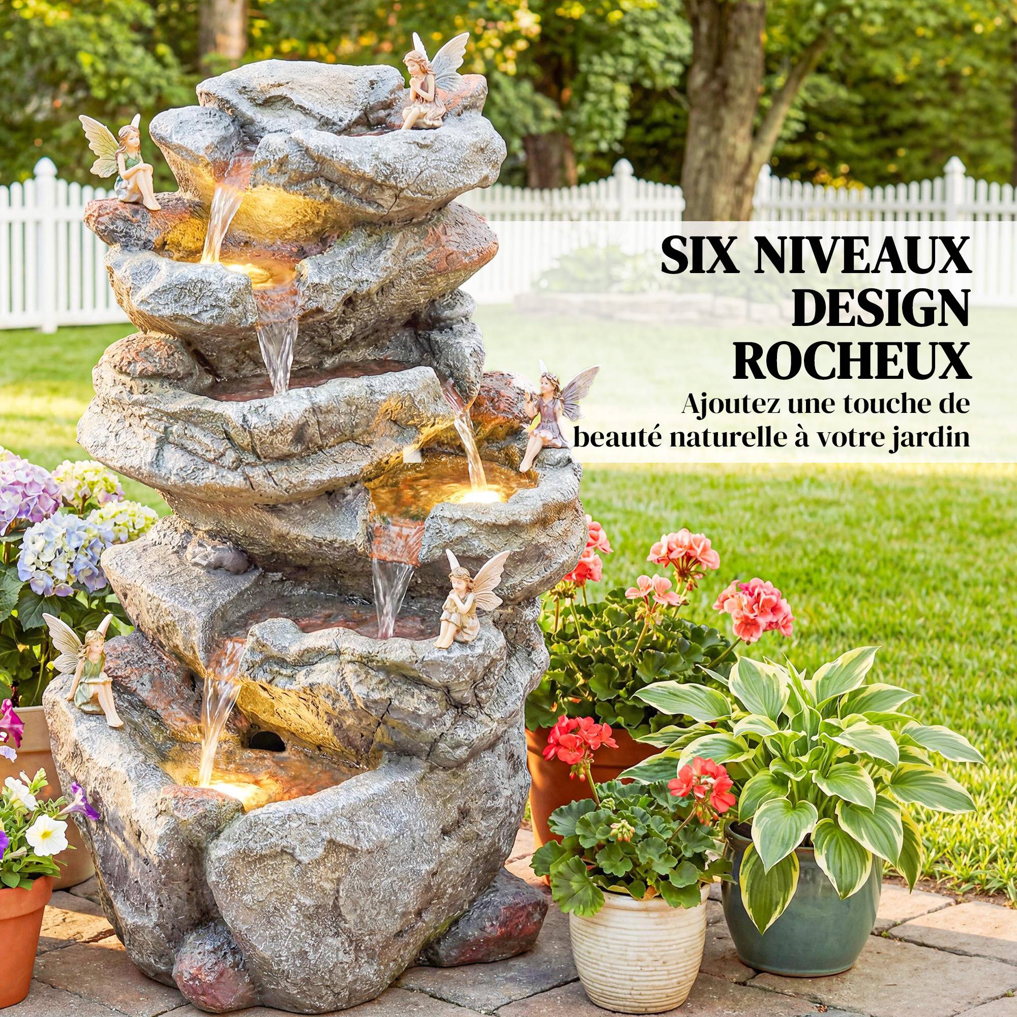 Fontaine de Jardin Cascade 6 Niveaux Décoration de Jardin Zen Résine Pierre Naturelle 33 x 27 x 53 cm Gris - Image 6