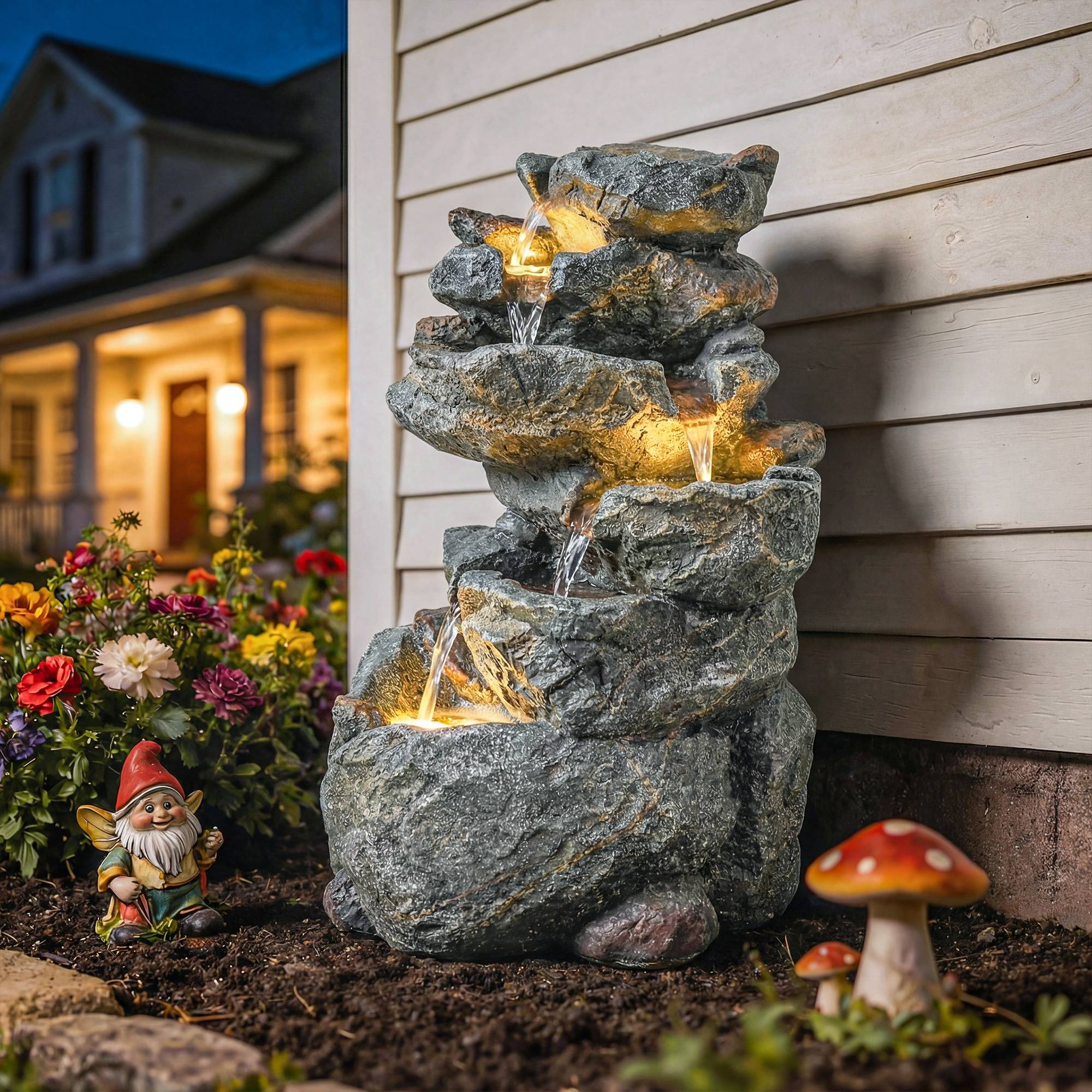 Fontaine de Jardin Cascade 6 Niveaux Décoration de Jardin Zen Résine Pierre Naturelle 33 x 27 x 53 cm Gris - Image 3