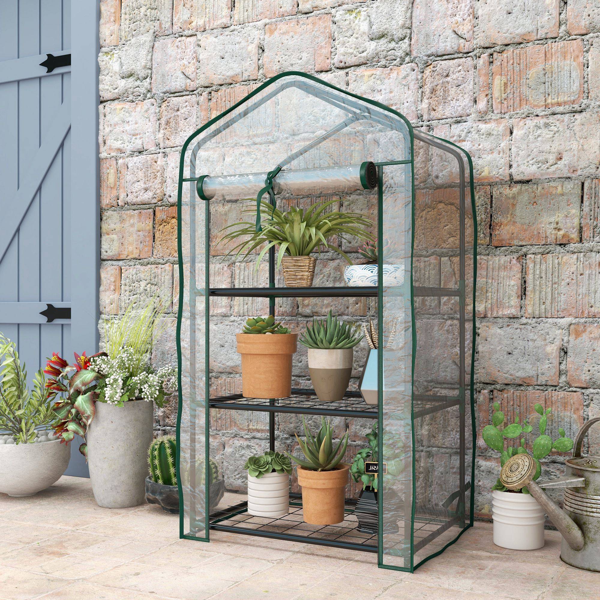 Sans Marque - Mini serre de jardin avec bâche en PE, 3 étagères et porte enroulable, 59 x 39 x 127 cm, transparente - Image 4