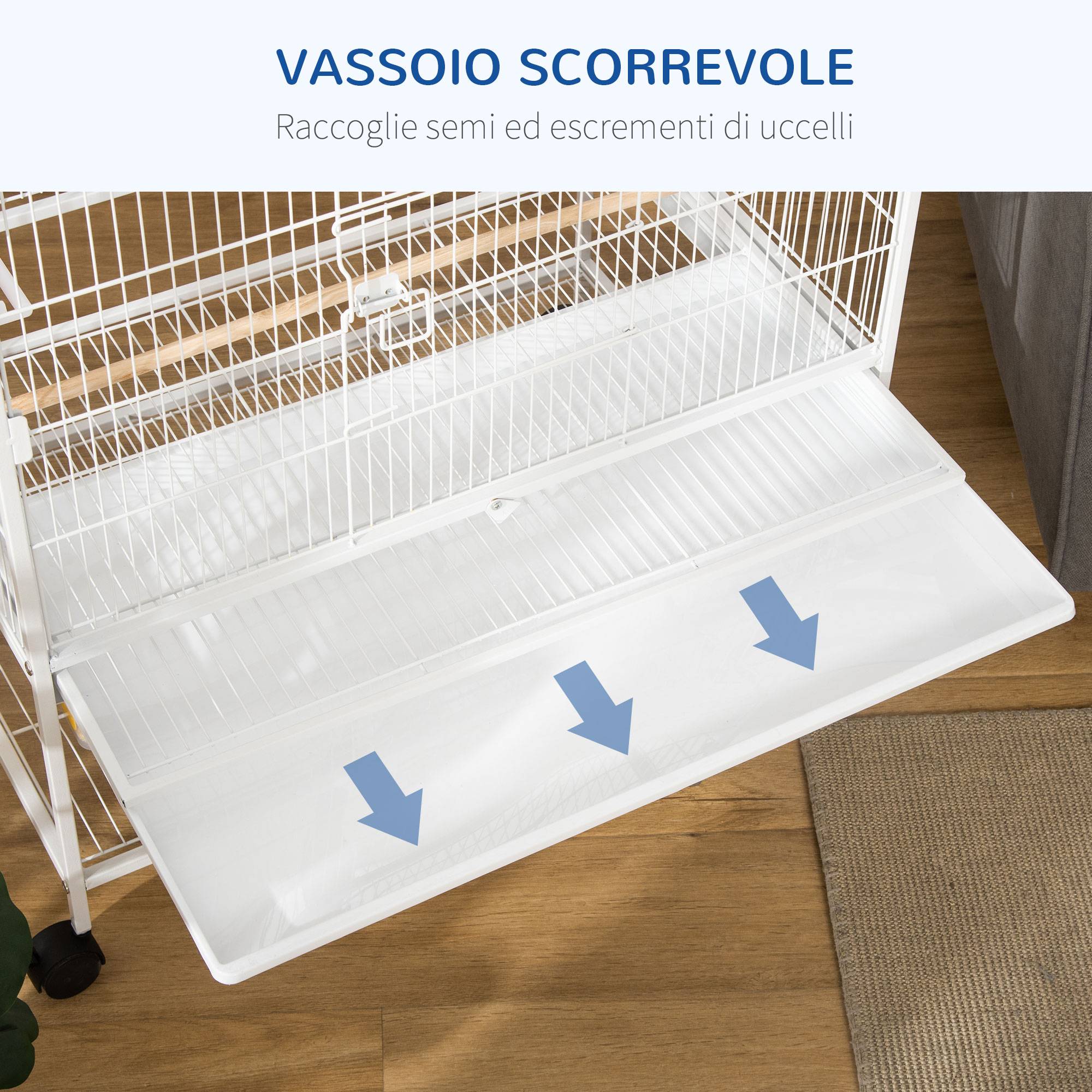 Cage pour oiseaux d'intérieur avec bac amovible, 4 roues et perchoir, 78x52x132 cm, blanc - Image 6