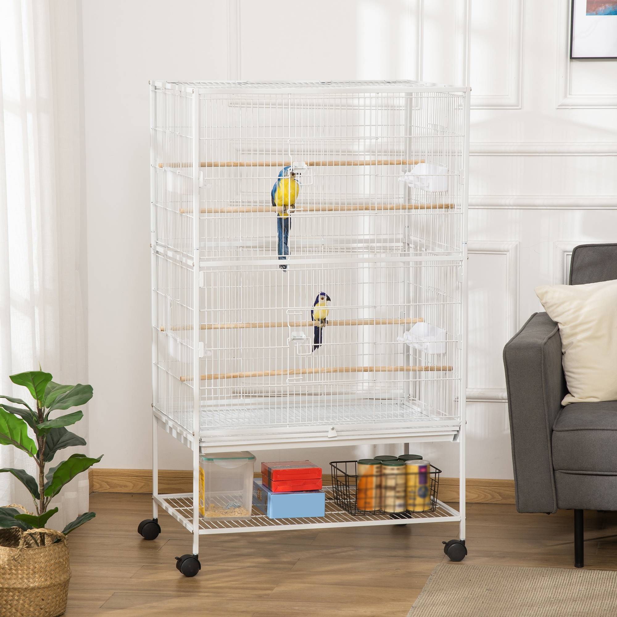 Cage pour oiseaux d'intérieur avec bac amovible, 4 roues et perchoir, 78x52x132 cm, blanc - Image 3