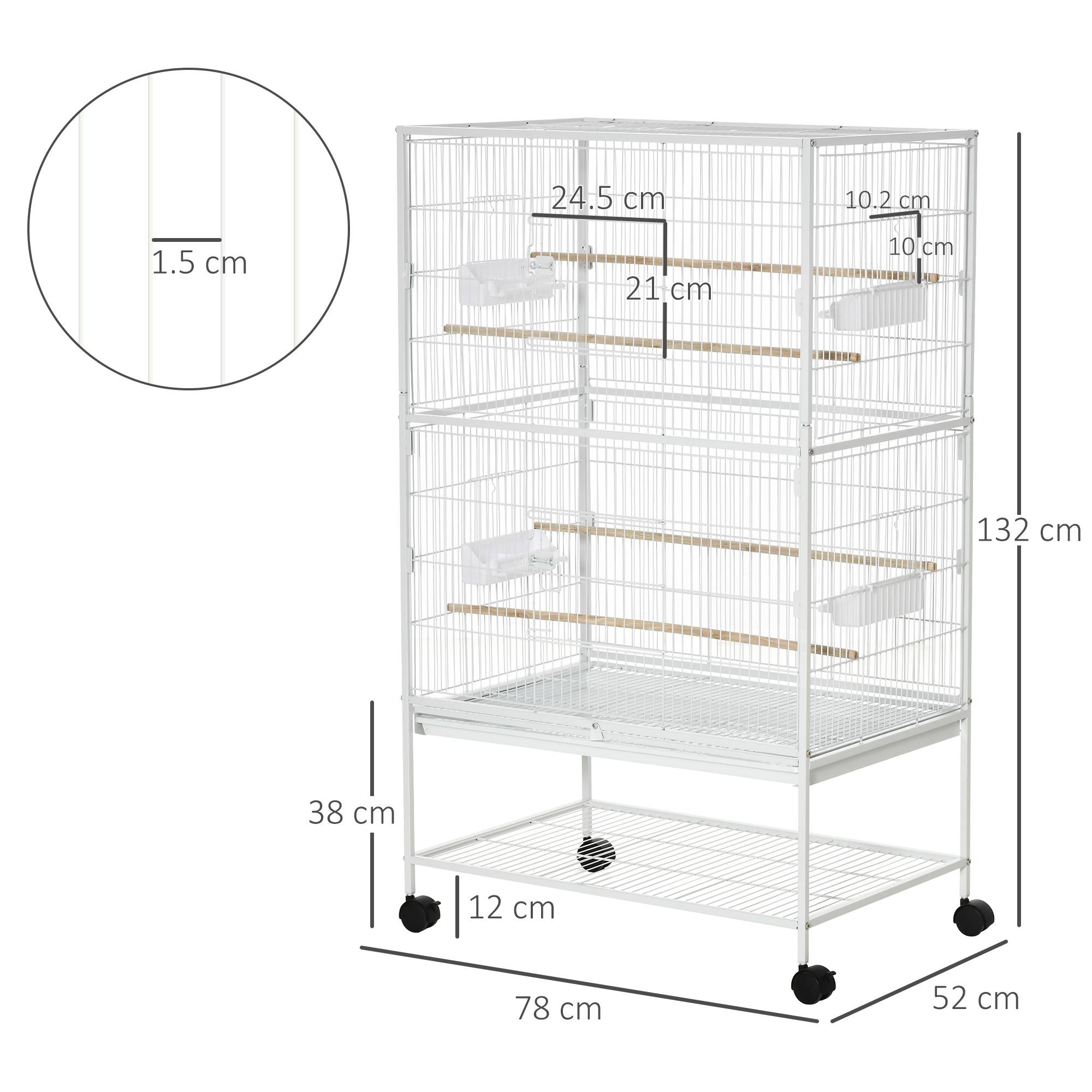 Cage pour oiseaux d'intérieur avec bac amovible, 4 roues et perchoir, 78x52x132 cm, blanc - Image 5