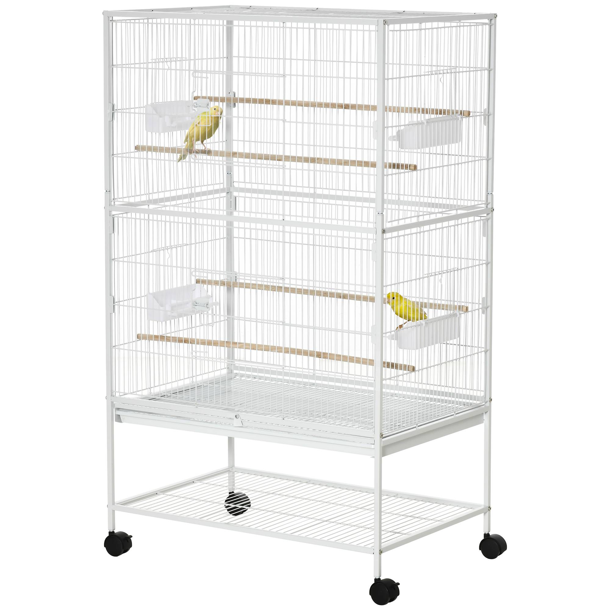 Cage pour oiseaux d'intérieur avec bac amovible, 4 roues et perchoir, 78x52x132 cm, blanc - Image 2