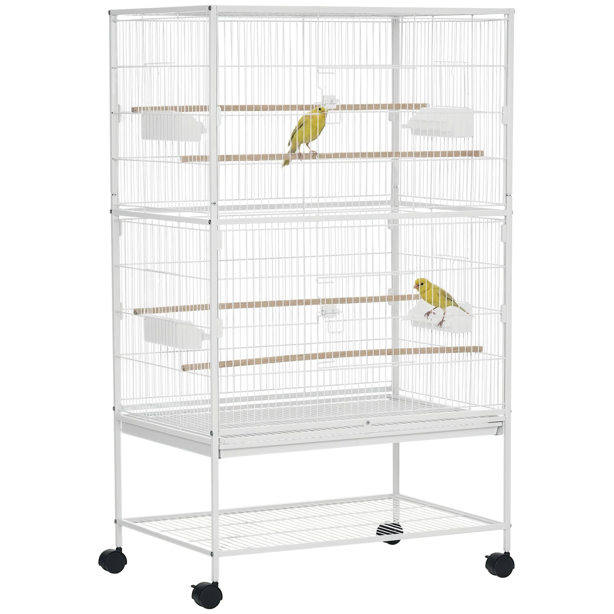Cage pour oiseaux d'intérieur avec bac amovible, 4 roues et perchoir, 78x52x132 cm, blanc - Image 1
