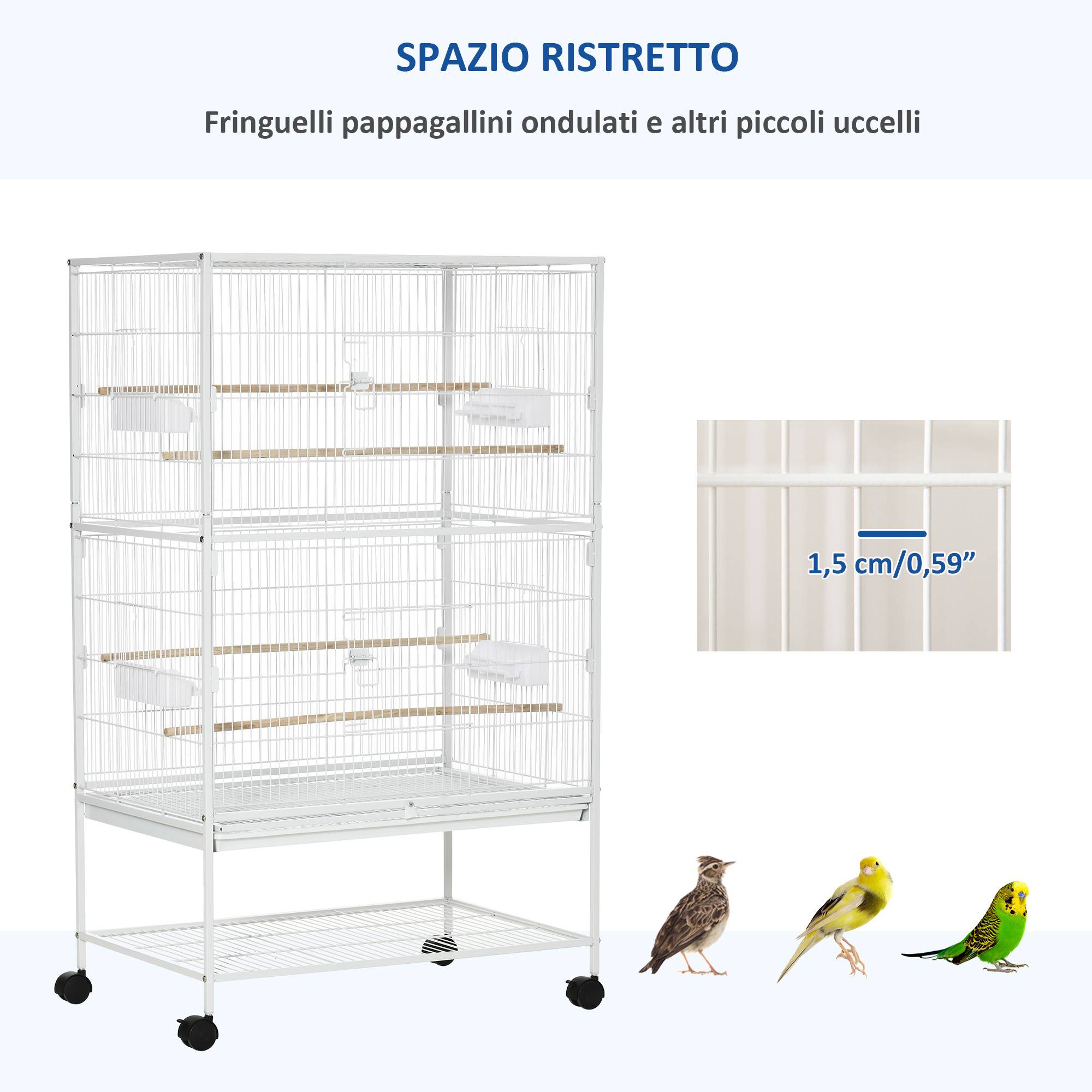 Cage pour oiseaux d'intérieur avec bac amovible, 4 roues et perchoir, 78x52x132 cm, blanc - Image 8