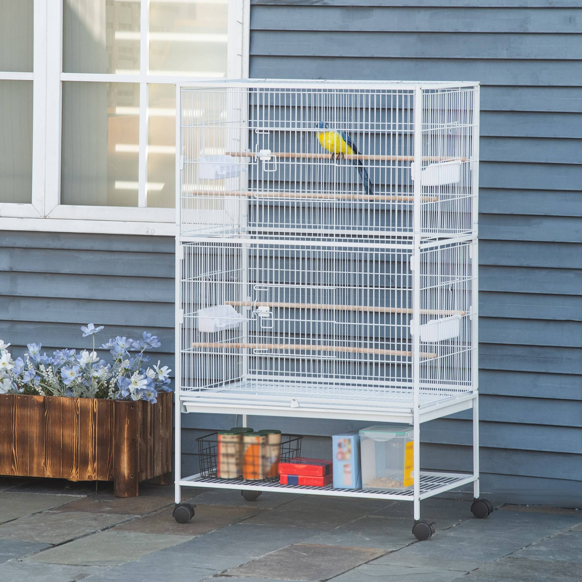 Cage pour oiseaux d'intérieur avec bac amovible, 4 roues et perchoir, 78x52x132 cm, blanc - Image 4