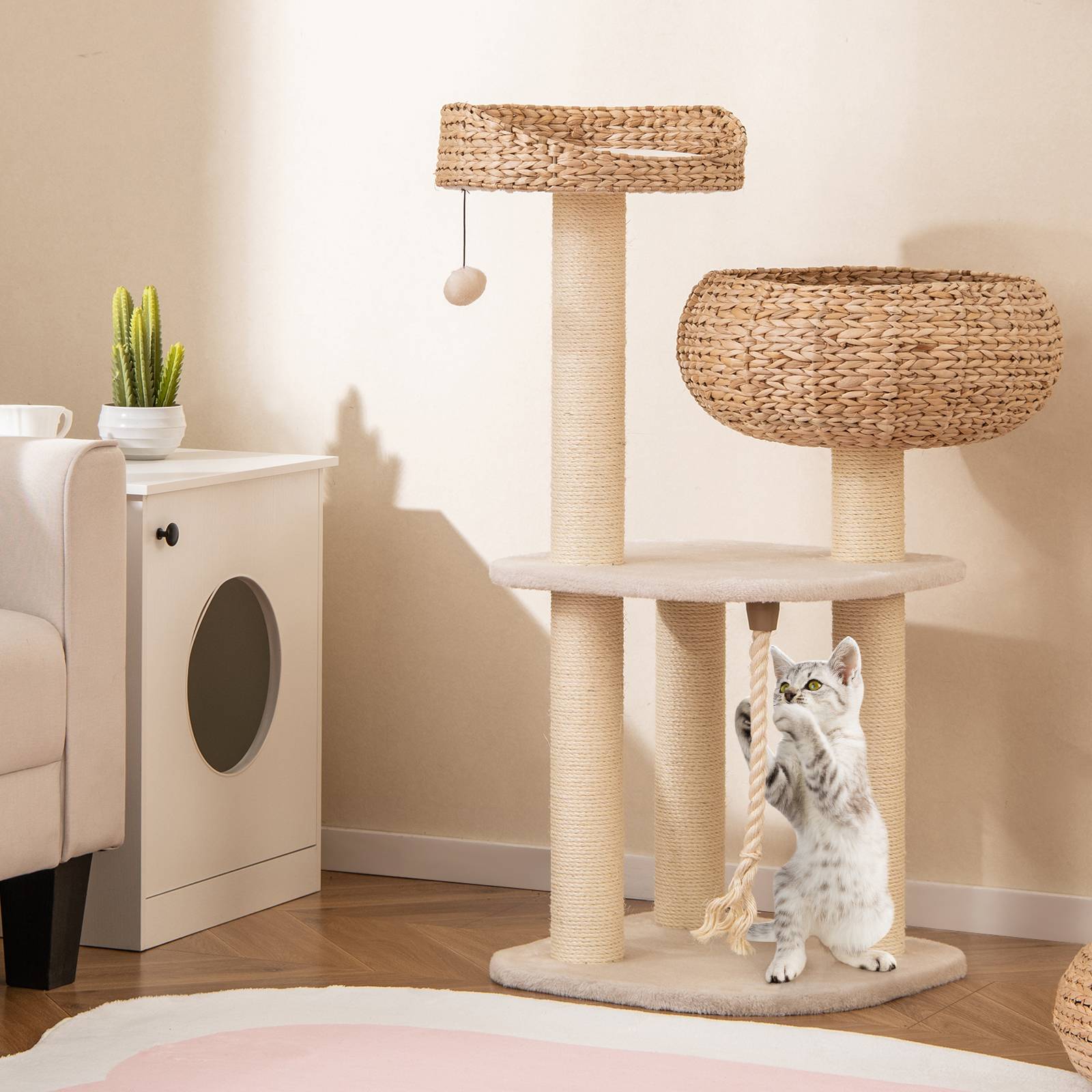 Arbre à Chat XXL 104 cm, Arbre à Chat Bois, 3 Poteaux à Griffer en Sisal,Tour pour Chaton 3 Plateformes, Panier, Pompon, Corde à Griffer, Beige - Image 2