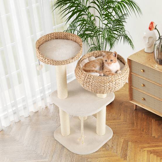 Arbre à Chat XXL 104 cm, Arbre à Chat Bois, 3 Poteaux à Griffer en Sisal,Tour pour Chaton 3 Plateformes, Panier, Pompon, Corde à Griffer, Beige - Image 3
