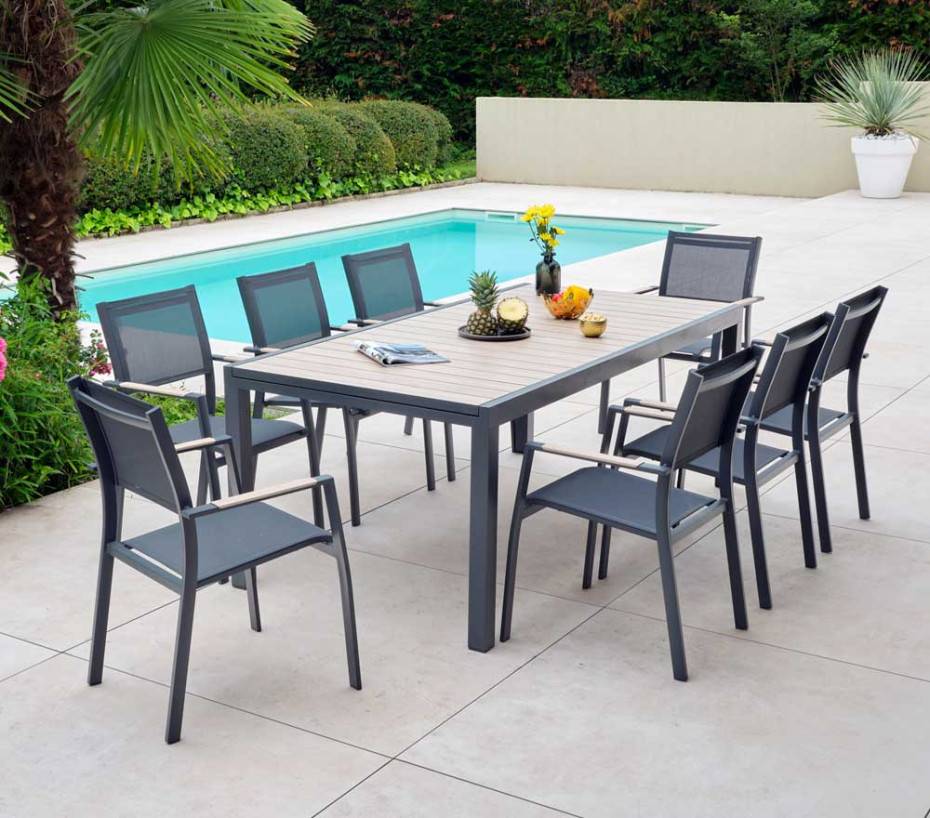 Ensemble table et chaises de jardin 8 places effet bois OLERON - Image 1