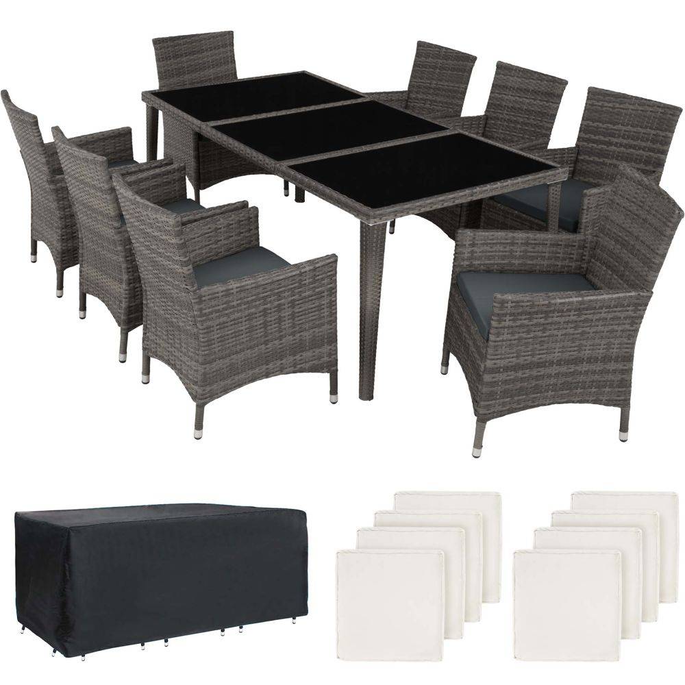 Helloshop26 - Salon de jardin rotin résine tressé synthétique 8 places avec 2 sets de housses + housse de protection gris - Imagen 1