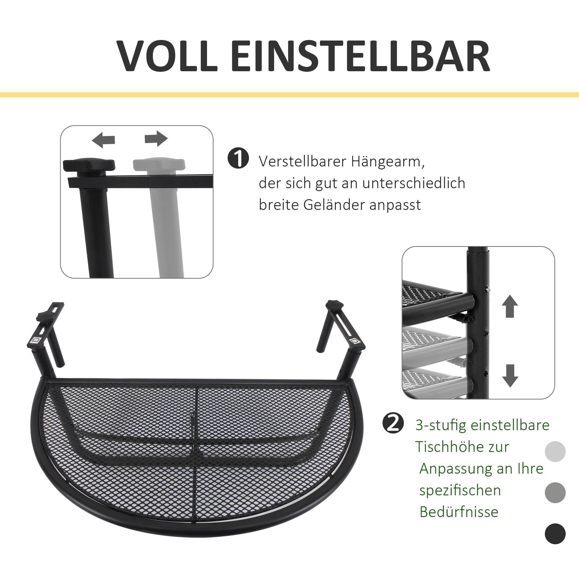 Table de balcon suspendue en métal demi-ronde pour extérieur hauteur et fixation réglables 60x50cm noir - Image 4