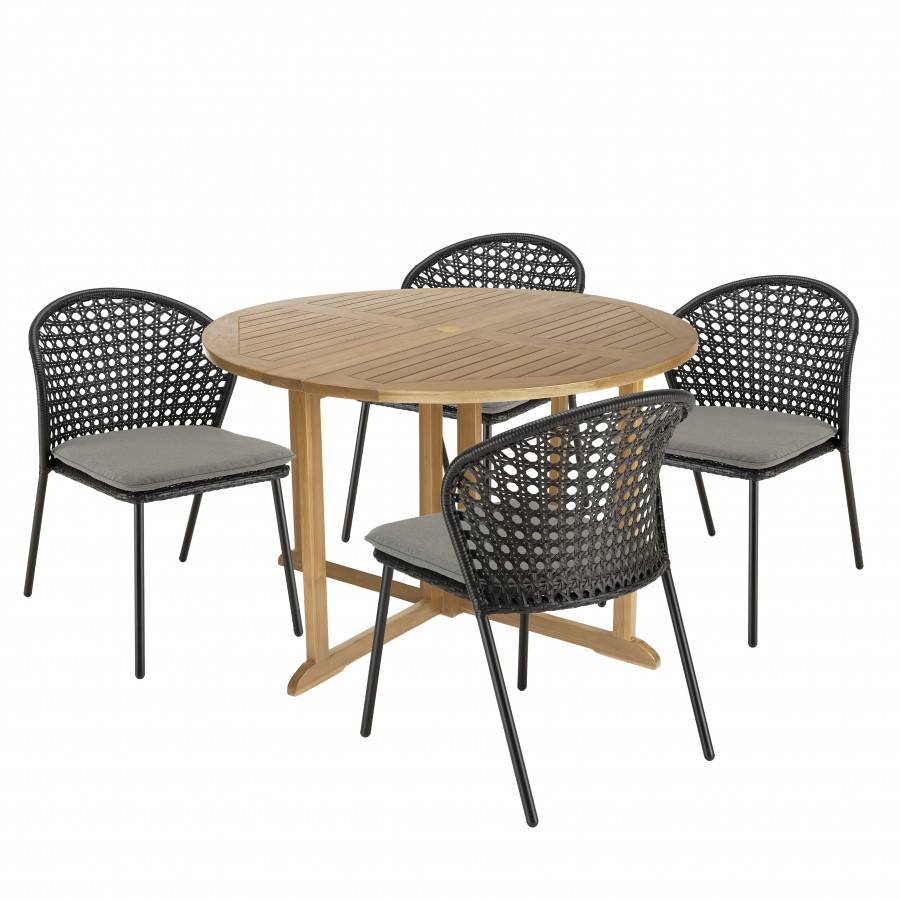 Macabane - MALO - SALON DE JARDIN 4 PERS. - 1 Table ronde 120x120cm et 4 chaises noires et grises - Imagen 1