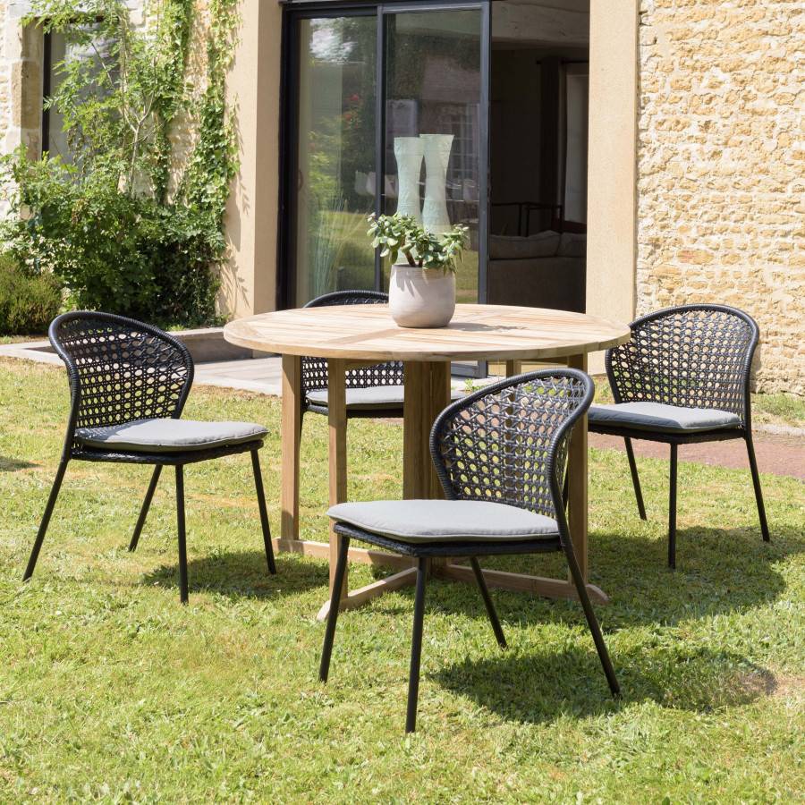 Macabane - MALO - SALON DE JARDIN 4 PERS. - 1 Table ronde 120x120cm et 4 chaises noires et grises - Imagen 2