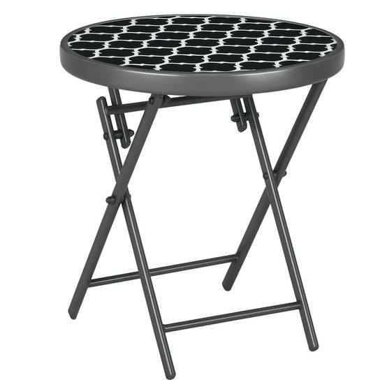 Sans Marque - Table basse pliante appoint verre trempé motifs noirs blancs métal Ø45x50 cm noir - Image 1