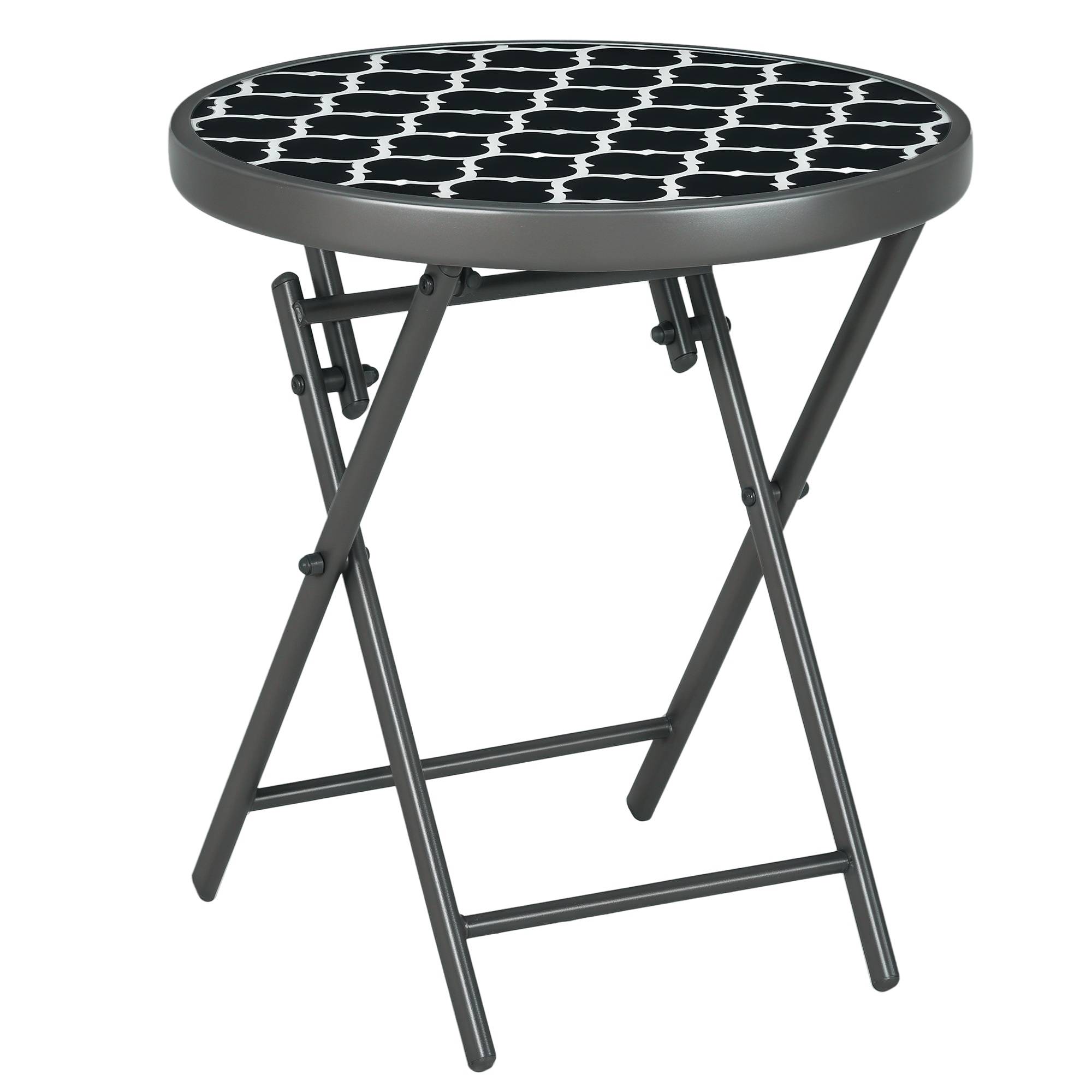 Sans Marque - Table basse pliante appoint verre trempé motifs noirs blancs métal Ø45x50 cm noir - Image 1