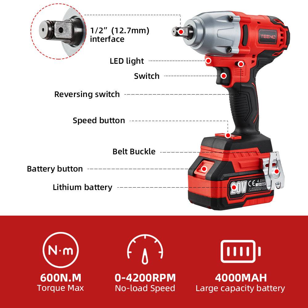Clé à chocs 20V Brushless Lithium-Ion Batteries 4.0Ah,  600N.m , une batterie - Image 2