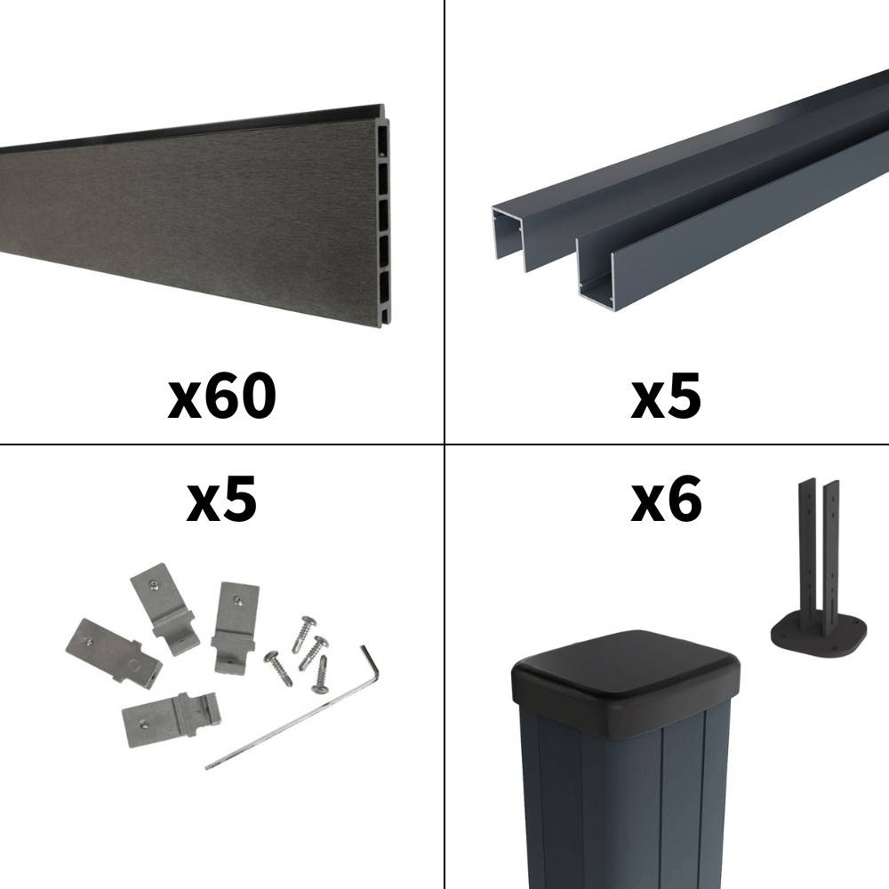 Decklinea - Kit Clôture Composite RIO Anthracite 9x1,8m - Bois composite & Aluminium - Poteaux sur Platines Gris - Brise vue - Palissade - Image 3
